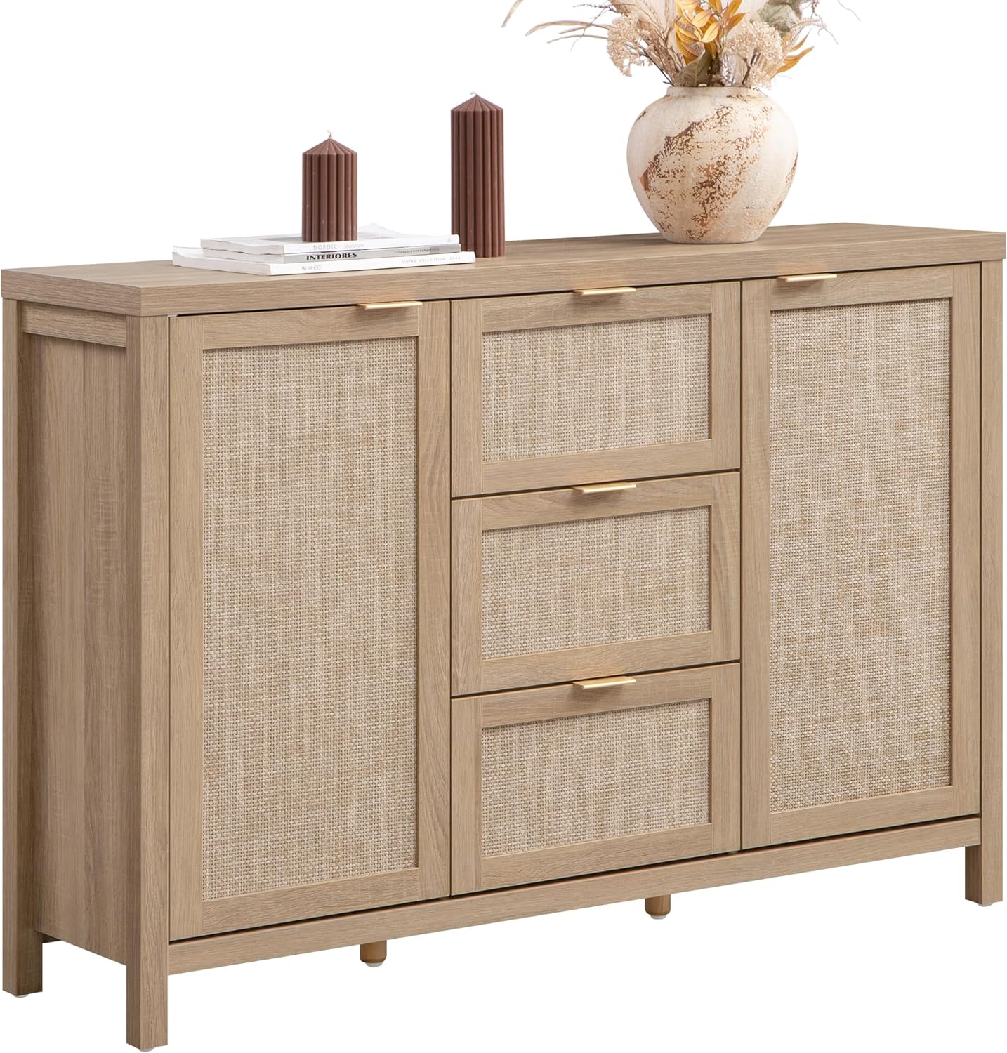 SICOTAS 52 Larger Sideboard Buffet Coffee Bar Cabinet with Storage - Farmhouse Rattan Credenza Storage Cabinet with 3 Drawers and 2 Doors, Boho Console Table for Living Room, Kitchen, Light Oak