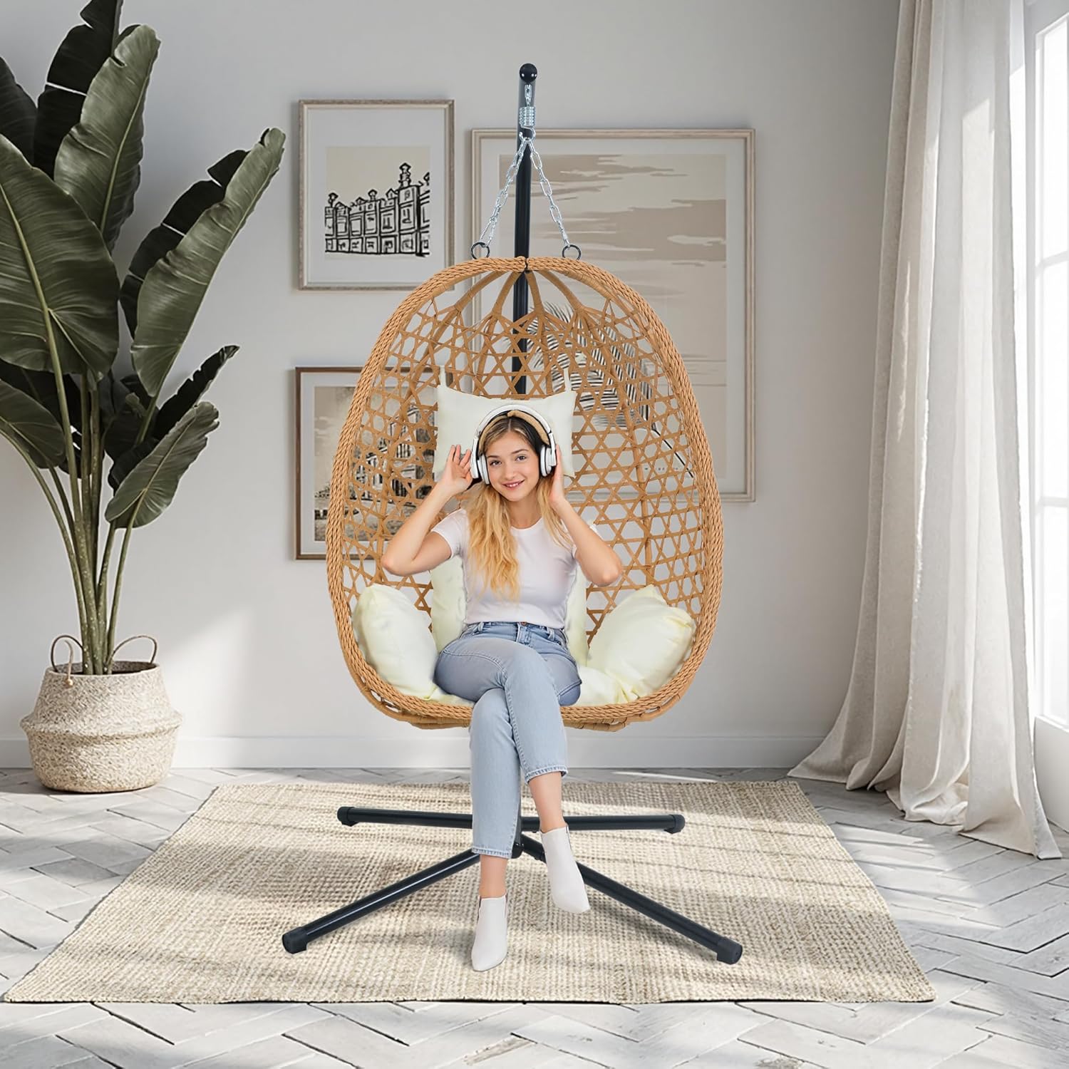 Hanging Egg Chair with Stand & Cushions - All-Weather Rattan Swing Chair for Patio, Balcony, Garden (Modern Boho Design, Ready-to-Use Indoor Outdoor)-Beige