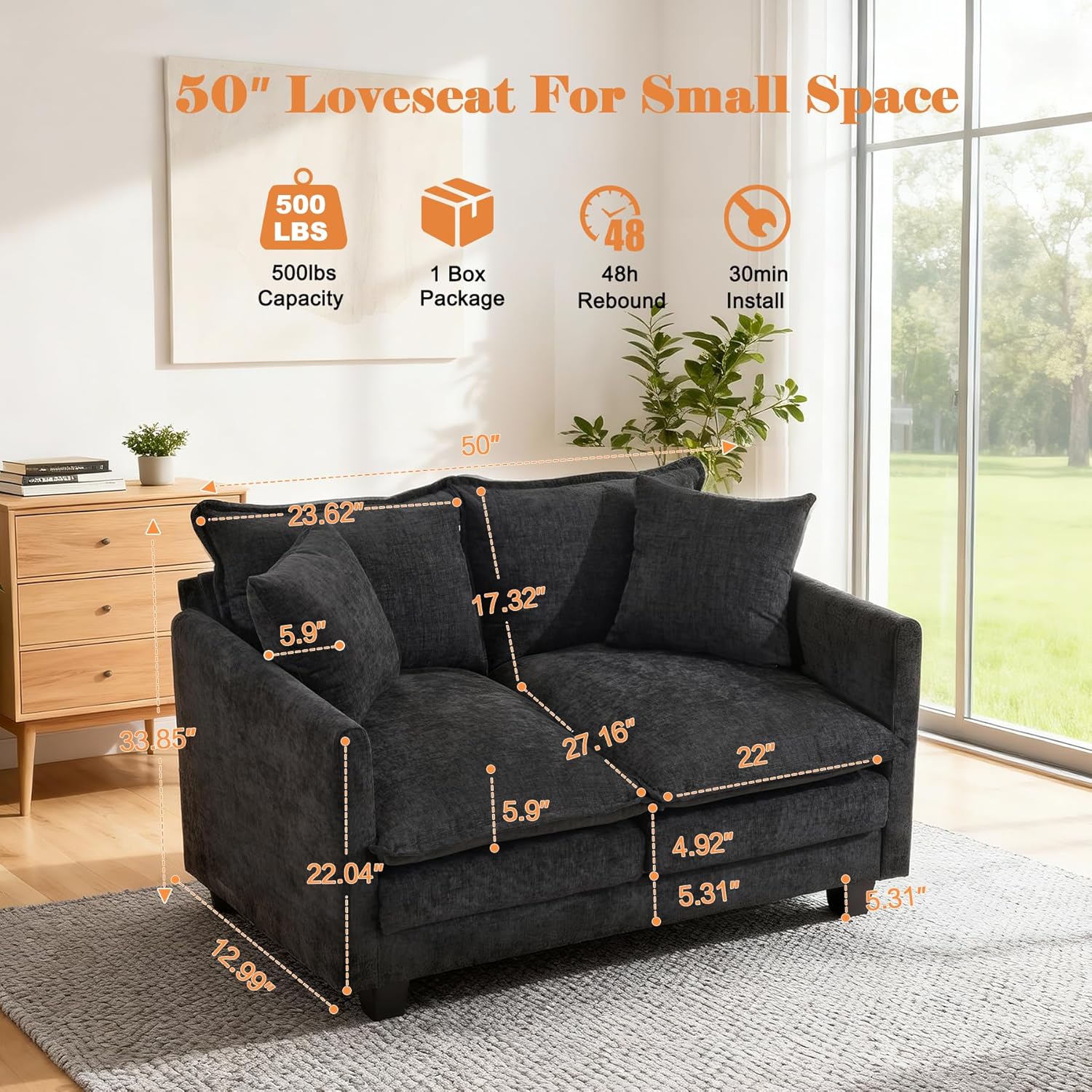 Loveseat Sofa Cloud Sofa Couch 50'', Modern Loveseats 2 Seat Couch 27 Deep Seat with 2 Pillows for Small Spaces Apartment Studio Office Bedroom Living Room 8834-BLACK-1