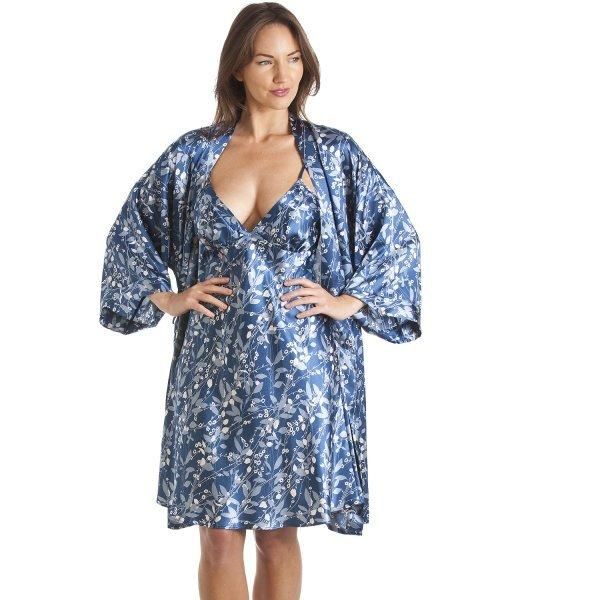 Camille Luxury Kimono Style Floral Satin Chemise And Wrap Set