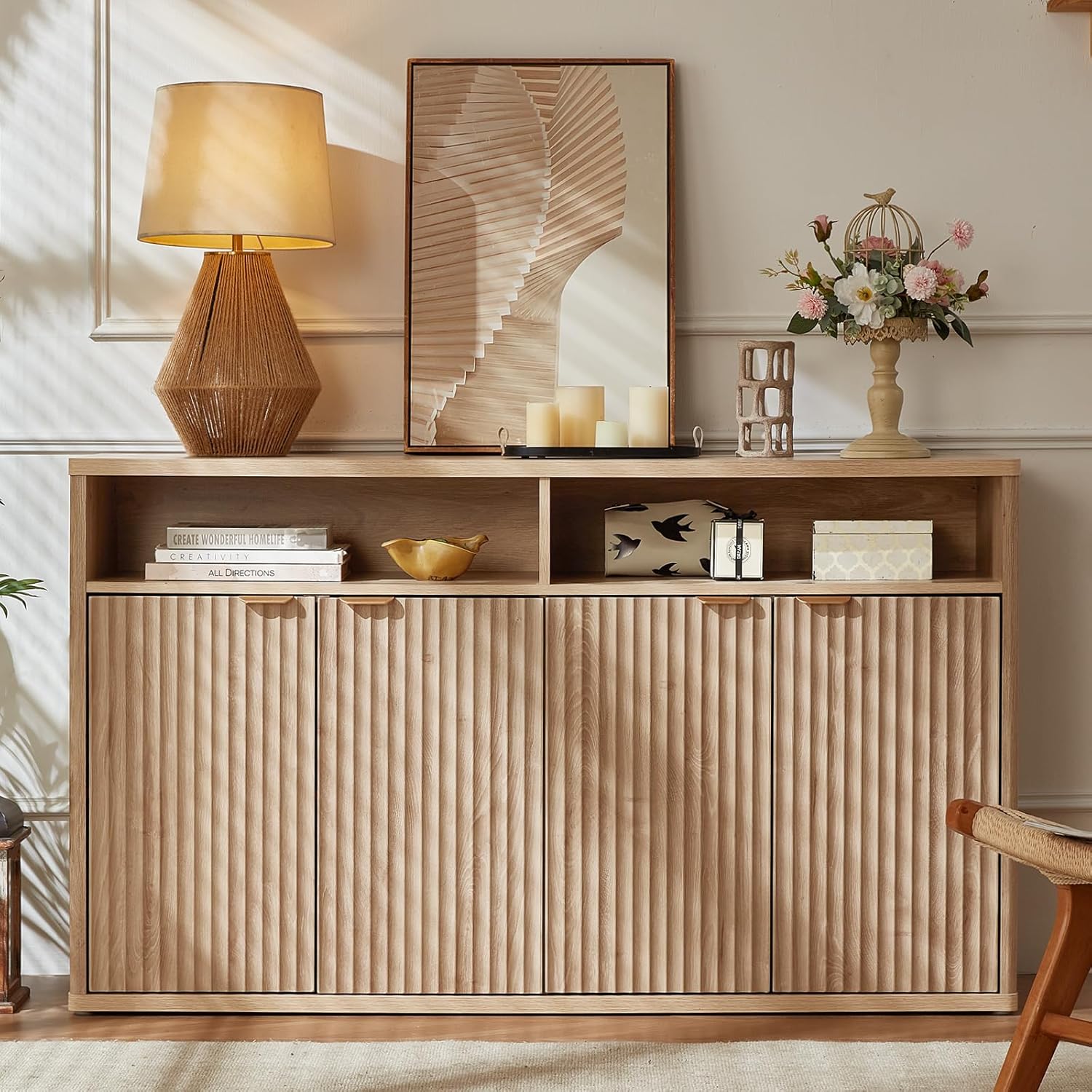LEYAOYAO Fluted Buffet Cabinet with Storage, 55 Wide Wood Sideboard Credenza with 4 Doors & Open Storage Shelf, Kitchen Entryway Accent Table, Modern Console Cabinets for Dining Room, Natural Oak
