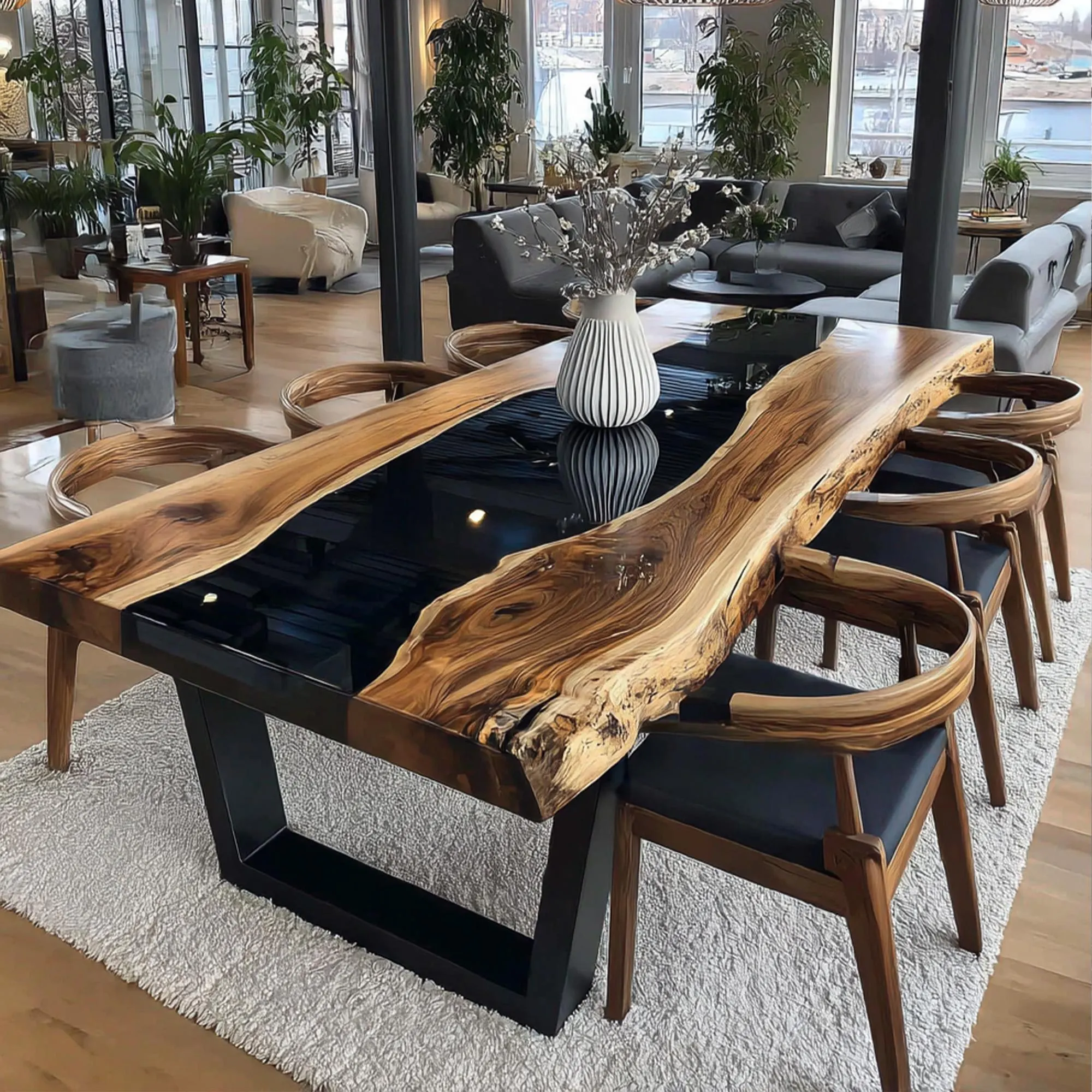 Live Edge Walnut Epoxy Dining Table, Farmhouse Kitchen Furniture
