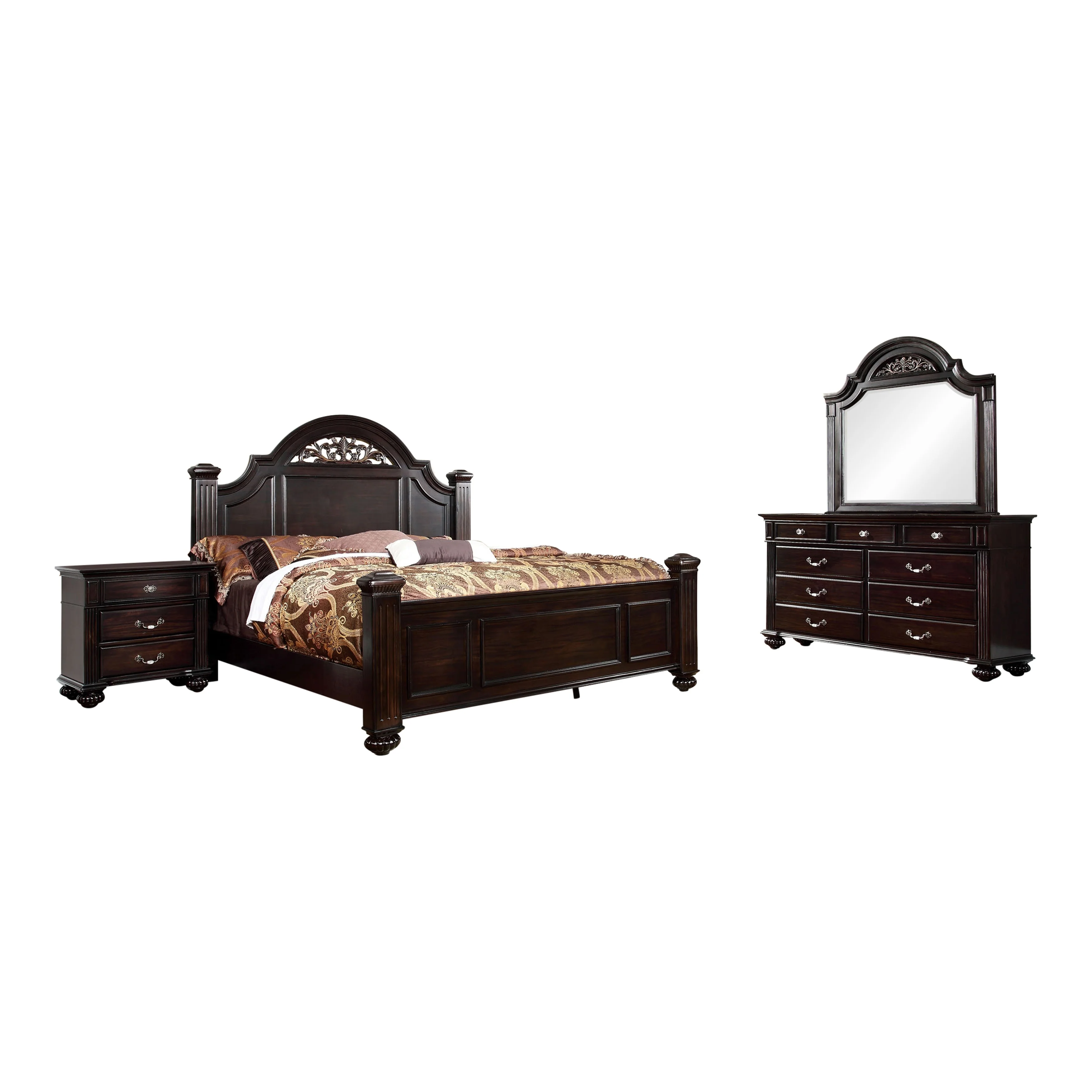 Vame Traditional Walnut Wood 4-Piece Poster Bedroom Set by Furniture of America