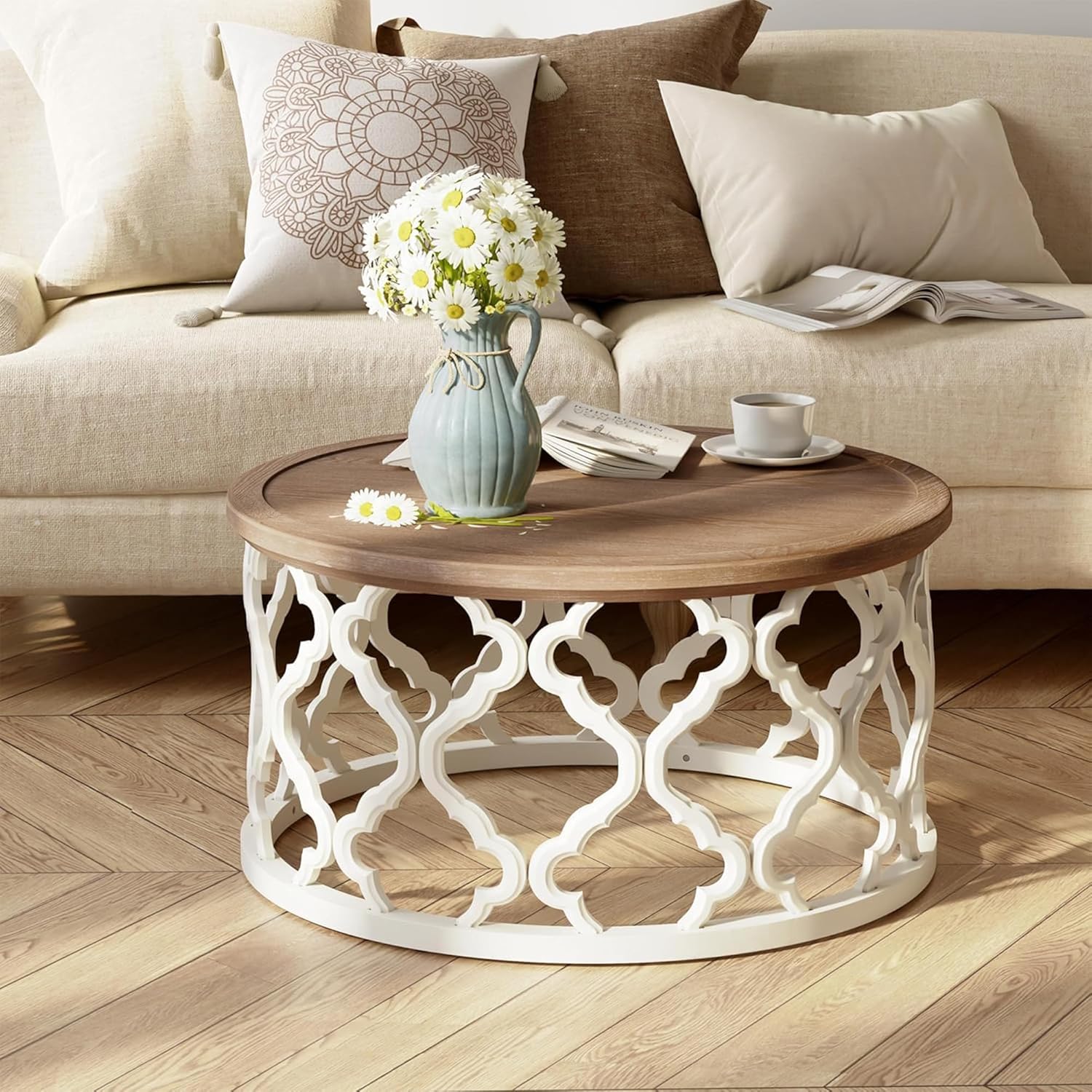 COZAYH Farmhouse Round Coffee Table, Distressed Wood Tray Top with Curved Motif Base, Rustic Boho French Country Living Room Table, White