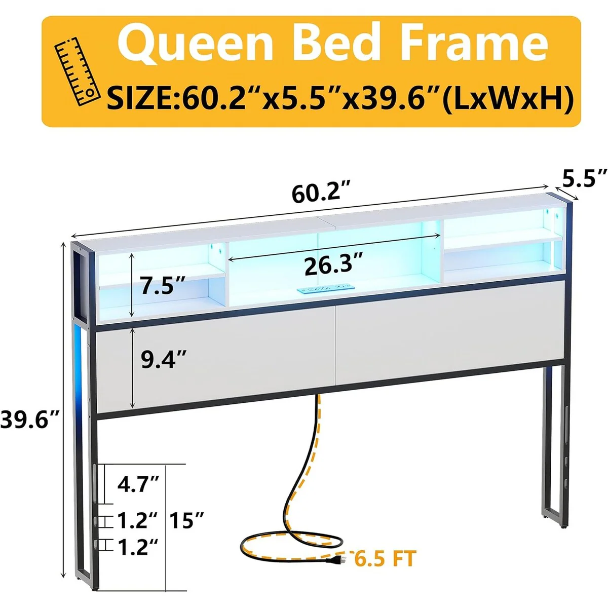 PAKASEPT Queen Headboard with Outlets, USB Ports and LED Light