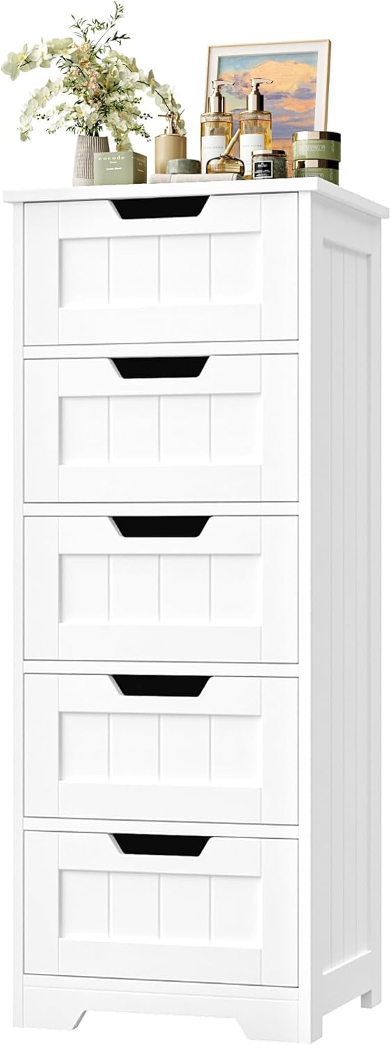 FOTOSOK Bathroom Cabinet, Bathroom Storage Cabinet with 5 Drawers, Wooden Storage Cabinets with Cut-Out Handles, 11.8” x 15.7” x 40.1” Bathrooms Floor Cabinets for Hallway/Living Room, White
