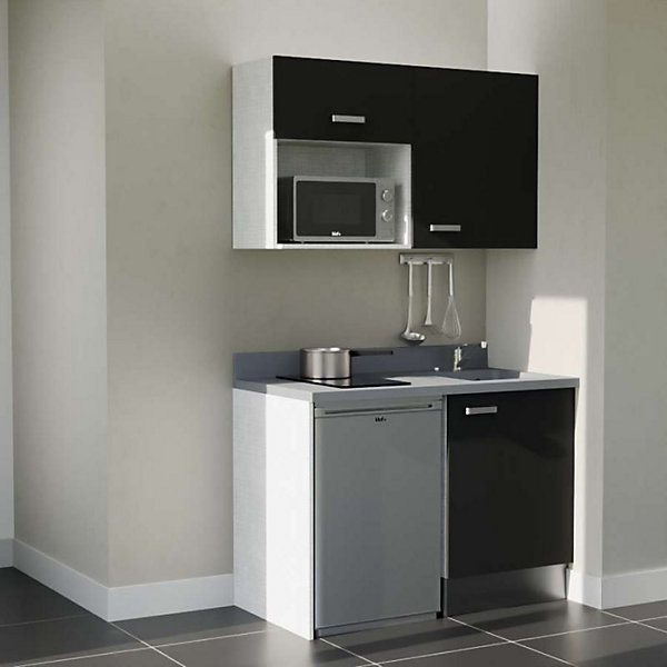 Kitchenette K07 - 120 cm - façades Noir - Plan monobloc en quartz coloris Cromo évier à droite - Electroménager Inox