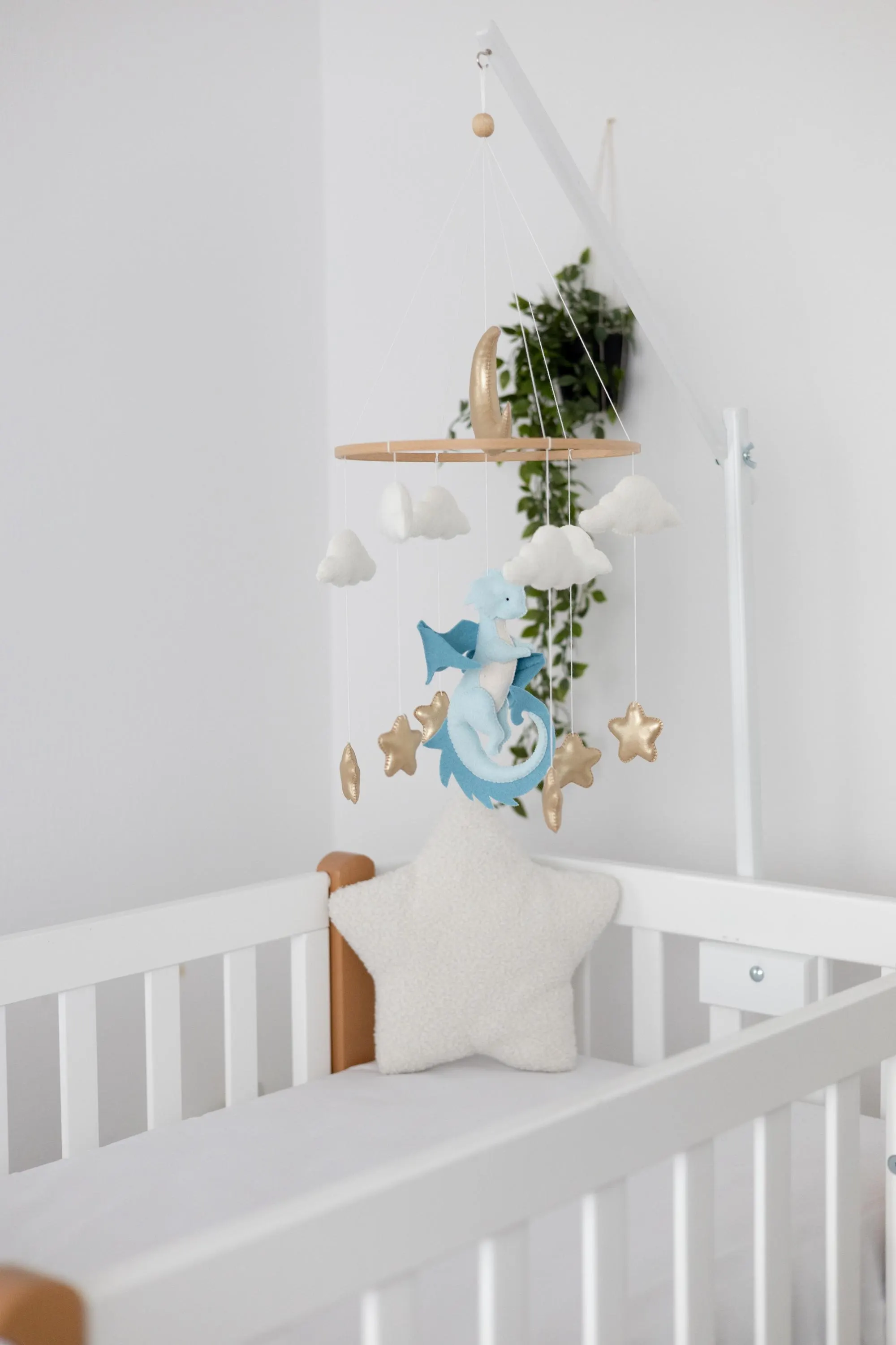 Blue Dragon nursery baby mobile, Baby boy mobile, Felt hanging toy, Fantasy baby nursery, Golden moon and stars, Baby shower gift