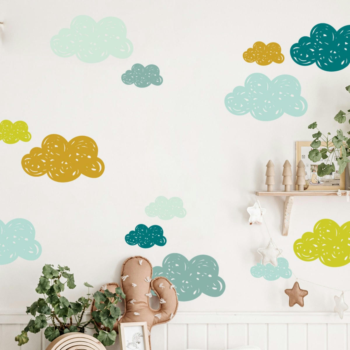 CLOUDS - Stickers muraux en vinyle petits nuages vert et moutarde