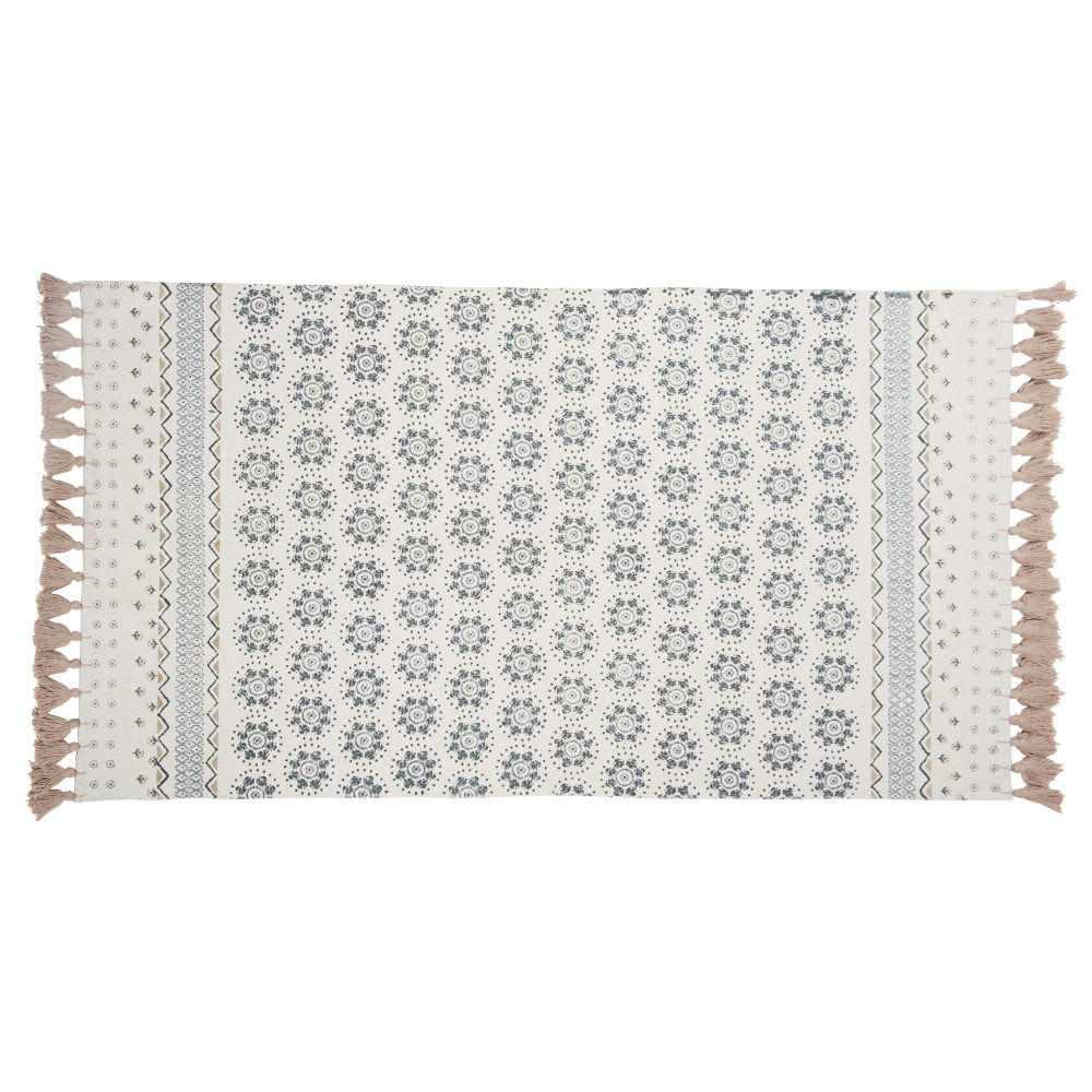 TOULON - Tapis en coton recyclé blanc motifs bleus 90x150