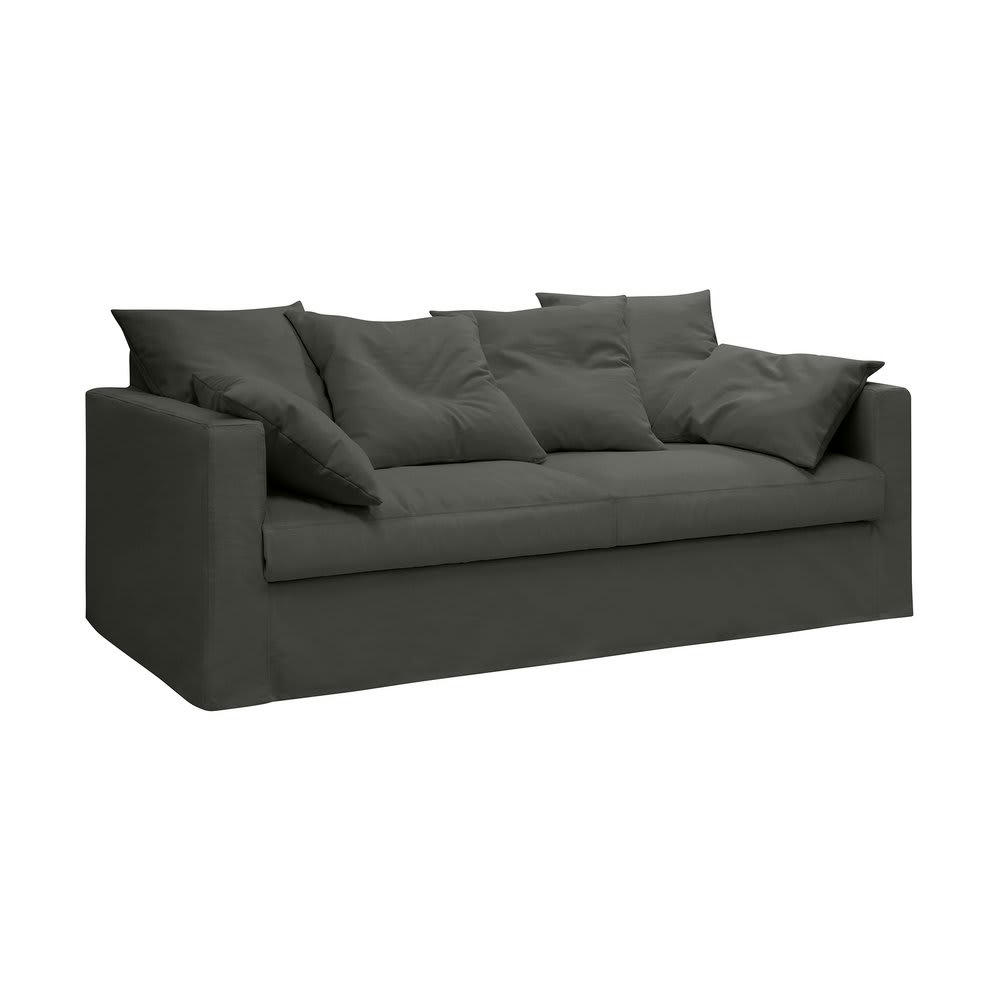 LARIA - Canapé 4 places fixe en tissu coton anthracite - LARIA