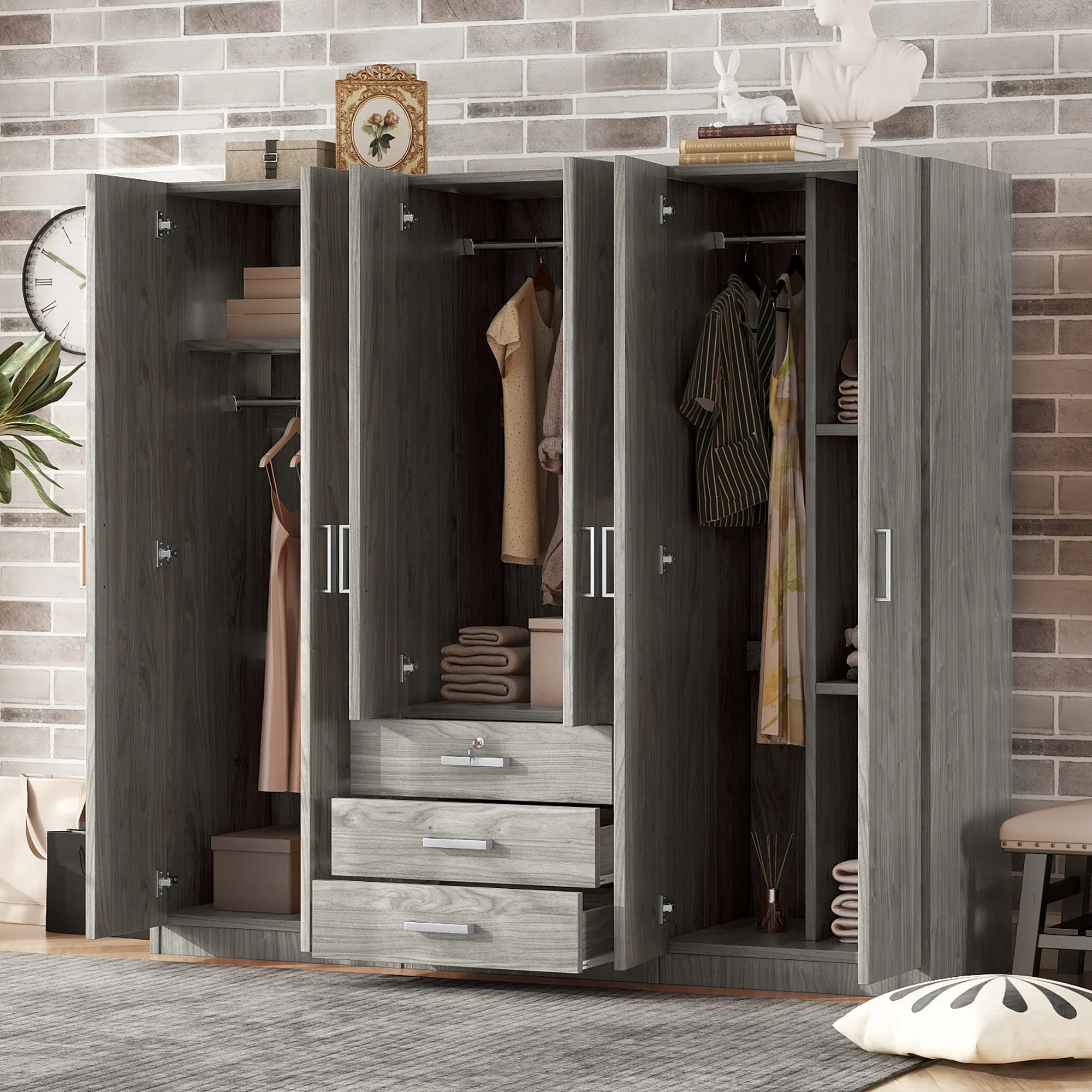 6-Doors Wooden Wardrobe Storage with 3 Big Drawers for Bedroom