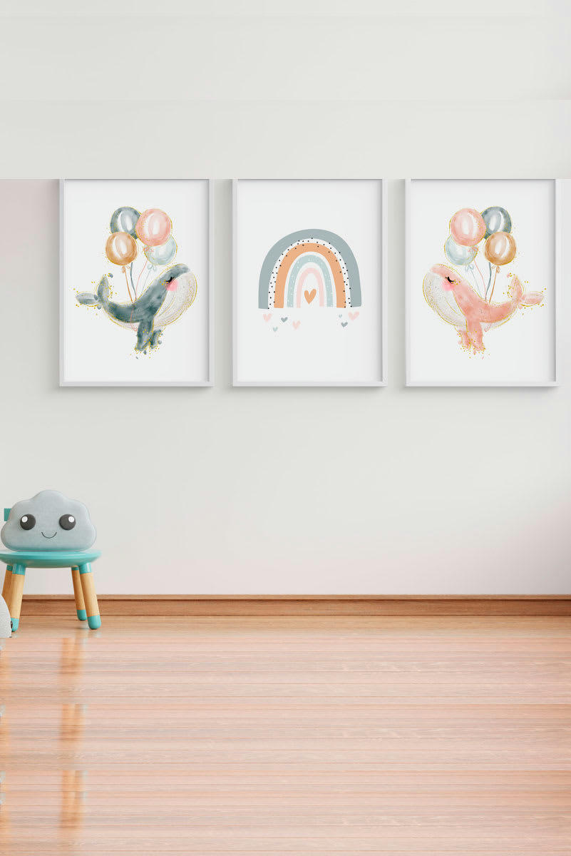 DECOWALL - Pack encadré bois blanc impression baleines 43X33 cm