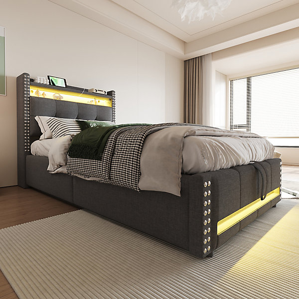Lit 90x200 cm tapissé lin gris avec rangement hydraulique, LED couleur et prise USB intégrée, design moderne