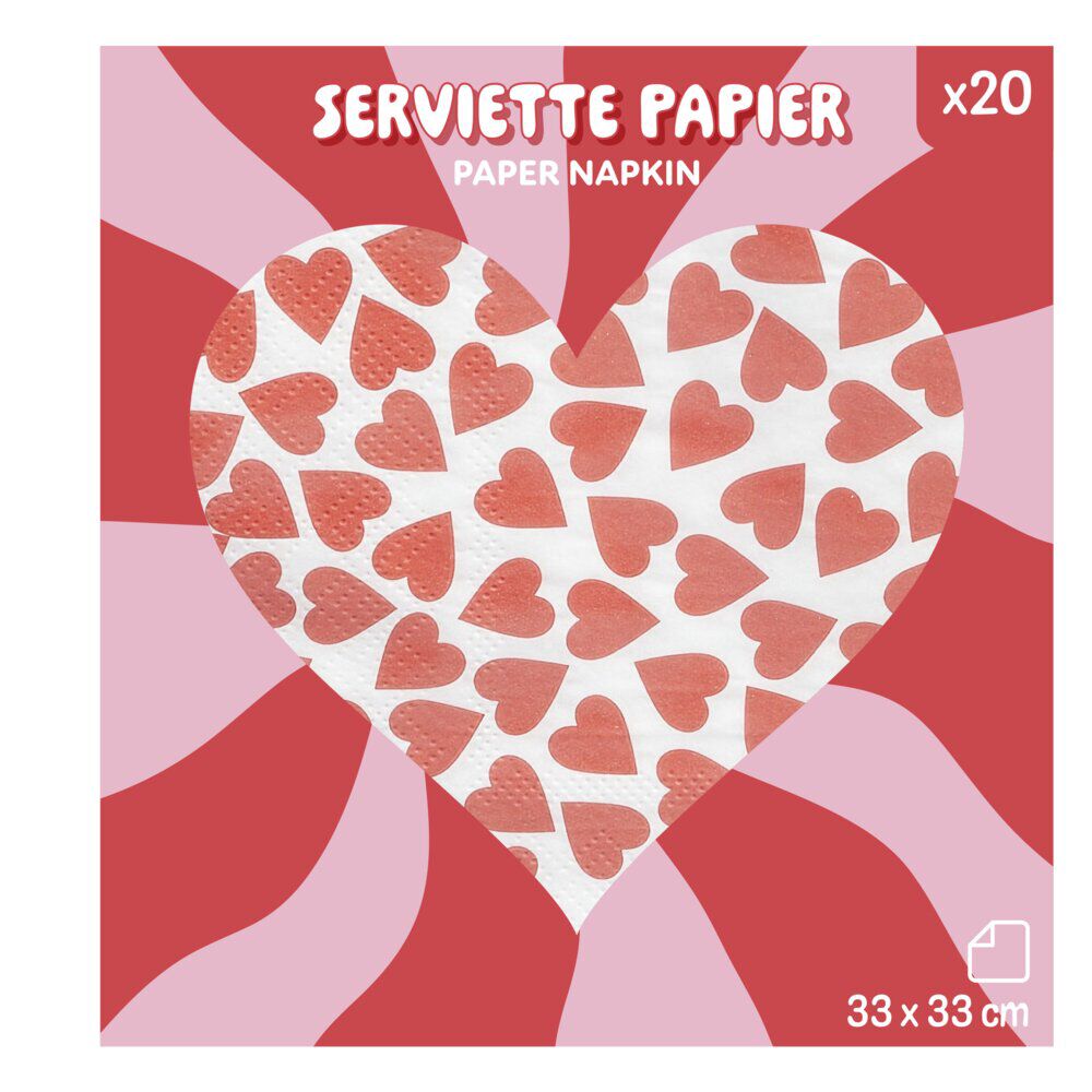 Serviette papier carrée motifs coeurs rouges 33x33cm