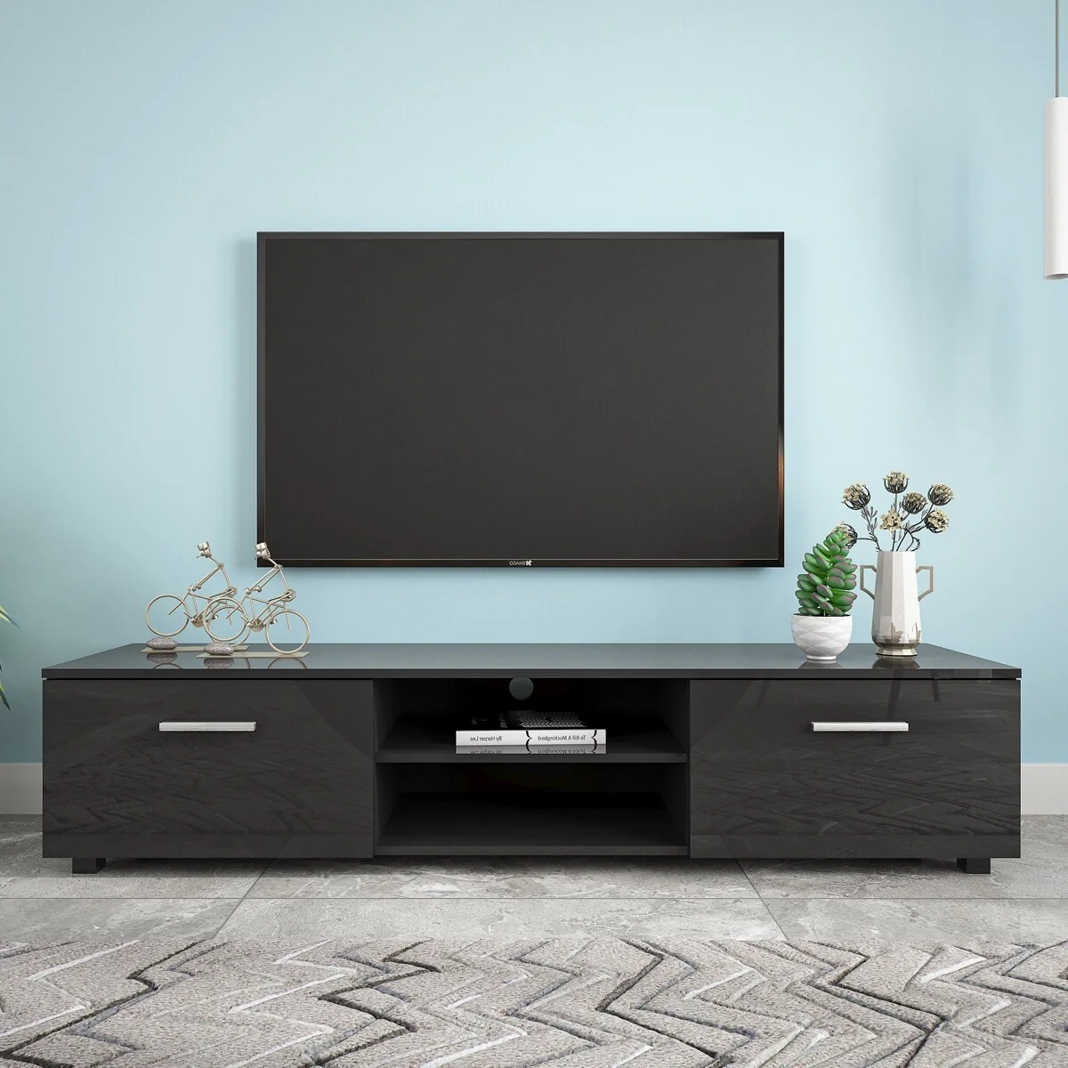 Black 63 Modern TV Stand with Open Shelves & Cabinets for TVs Up to 70