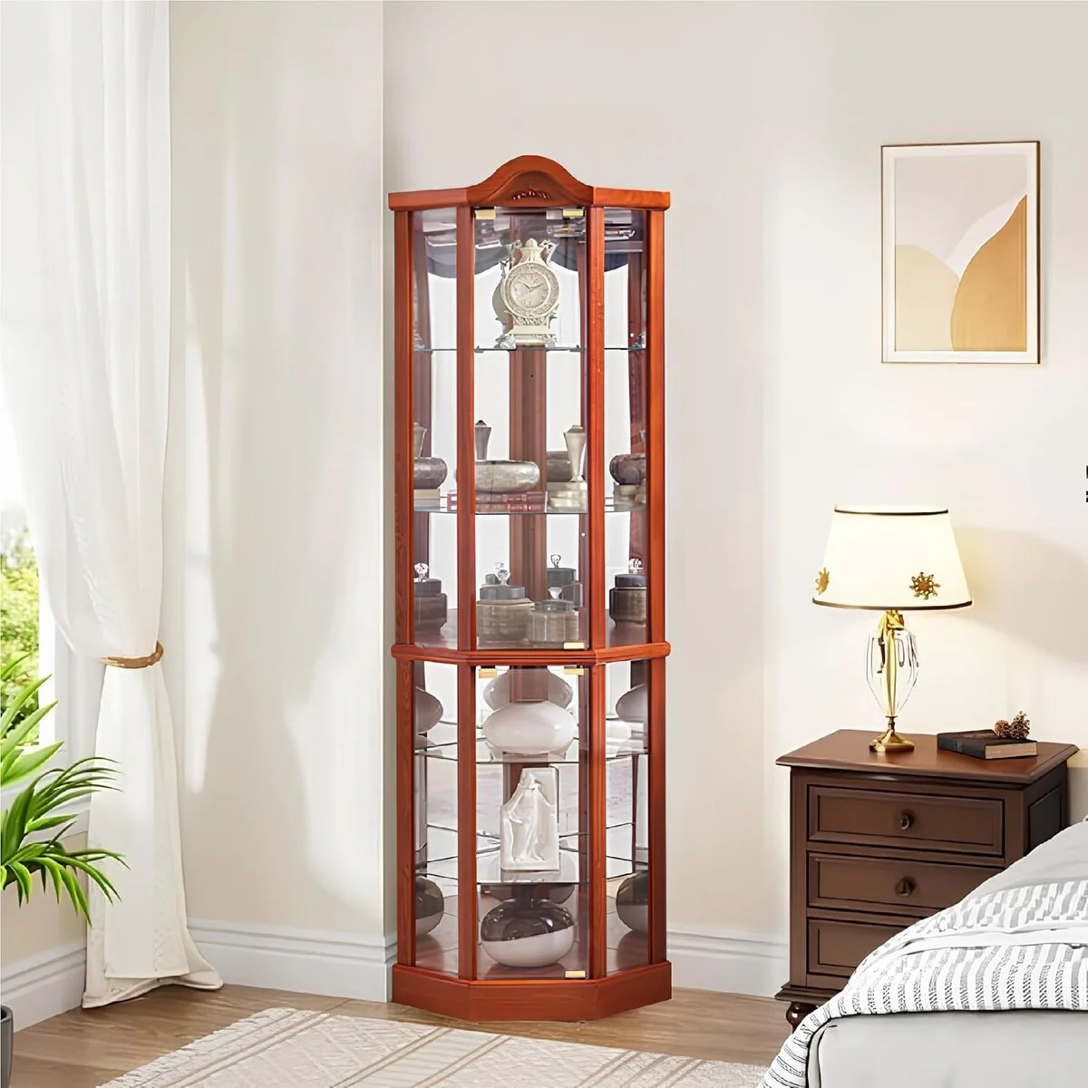 Roomfitters Wooden Corner Display Curio Cabinet, Lighted China Cabinet with Tempered Glass Door - N/A