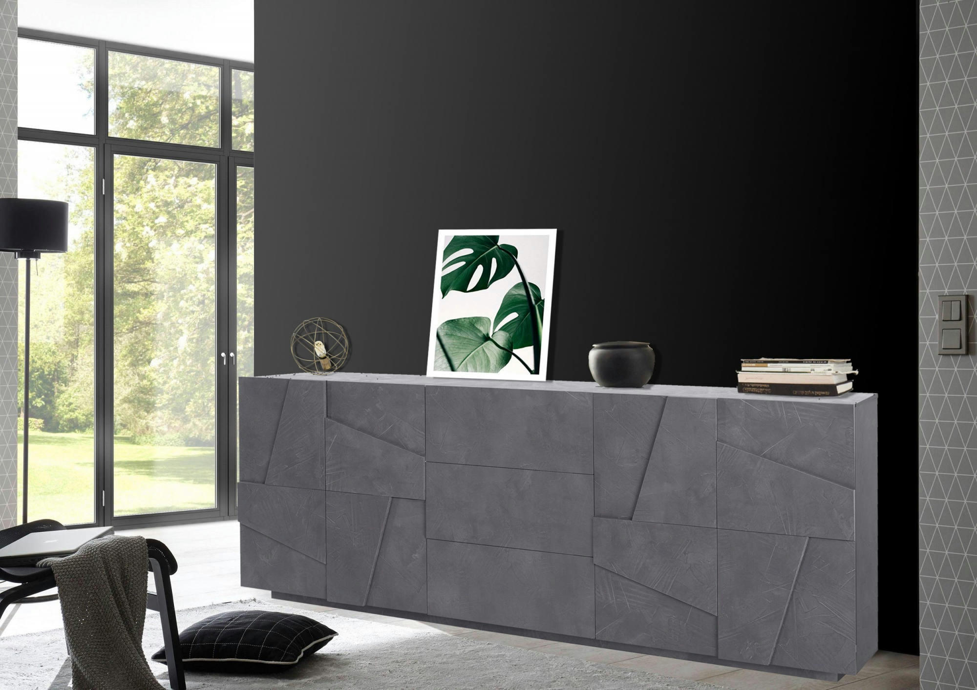 - Buffet moderne 4 portes effet bois gris ardoise