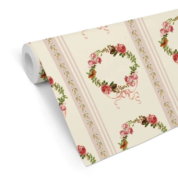 Vliestapete »Vintage Vliestapete«, Rosenkranz gestreifte Rosen, mehrfarbig, matt