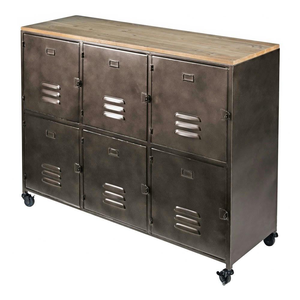 Wayne - Buffet industriel noir à roulettes 6 portes en métal et bois de sapin