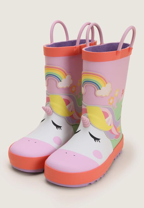 Younger Girls Pink 3D Unicorn Pull On Wellies