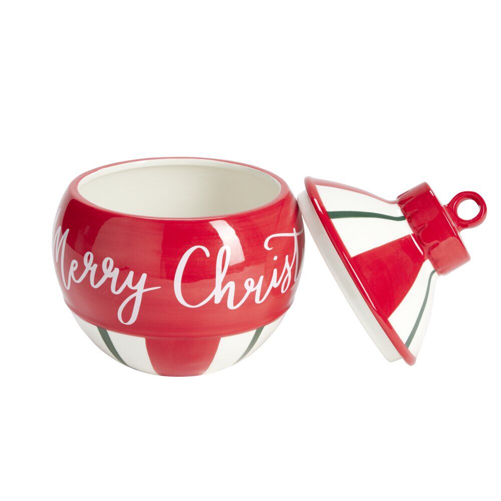 Bonbonnière boule de No&euml;l Merry Christmas rouge et blanc Ø21xH27cm