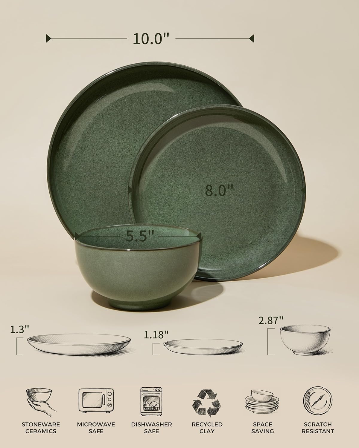 Pokini Stoneware Dinnerware Sets, Ceramic Plates and Bowls Set, Microwave & Dishwasher Safe Kitchen Dishes, Modern Dinner Salad Plates | Cereal Bowls, Dishware Sets Service for 4 Forest Green
