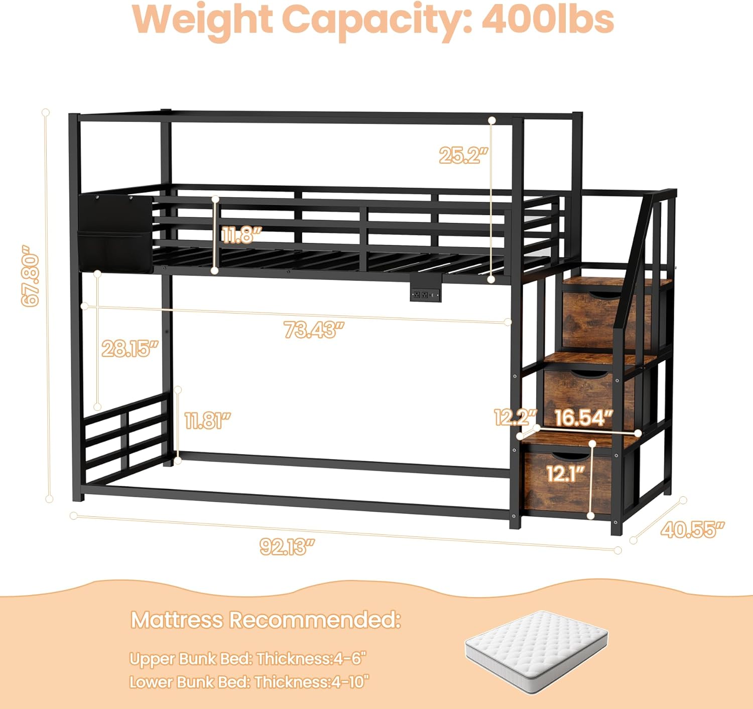 Low Bunk Bed Twin Over Twin with Storage Staircase, RGB LED Lights, Drawers & Shelves, Metal Bunk Beds for Kids with Power Outlet, Double Full-Length Guardrails & Metal Slats for Small Space, Black