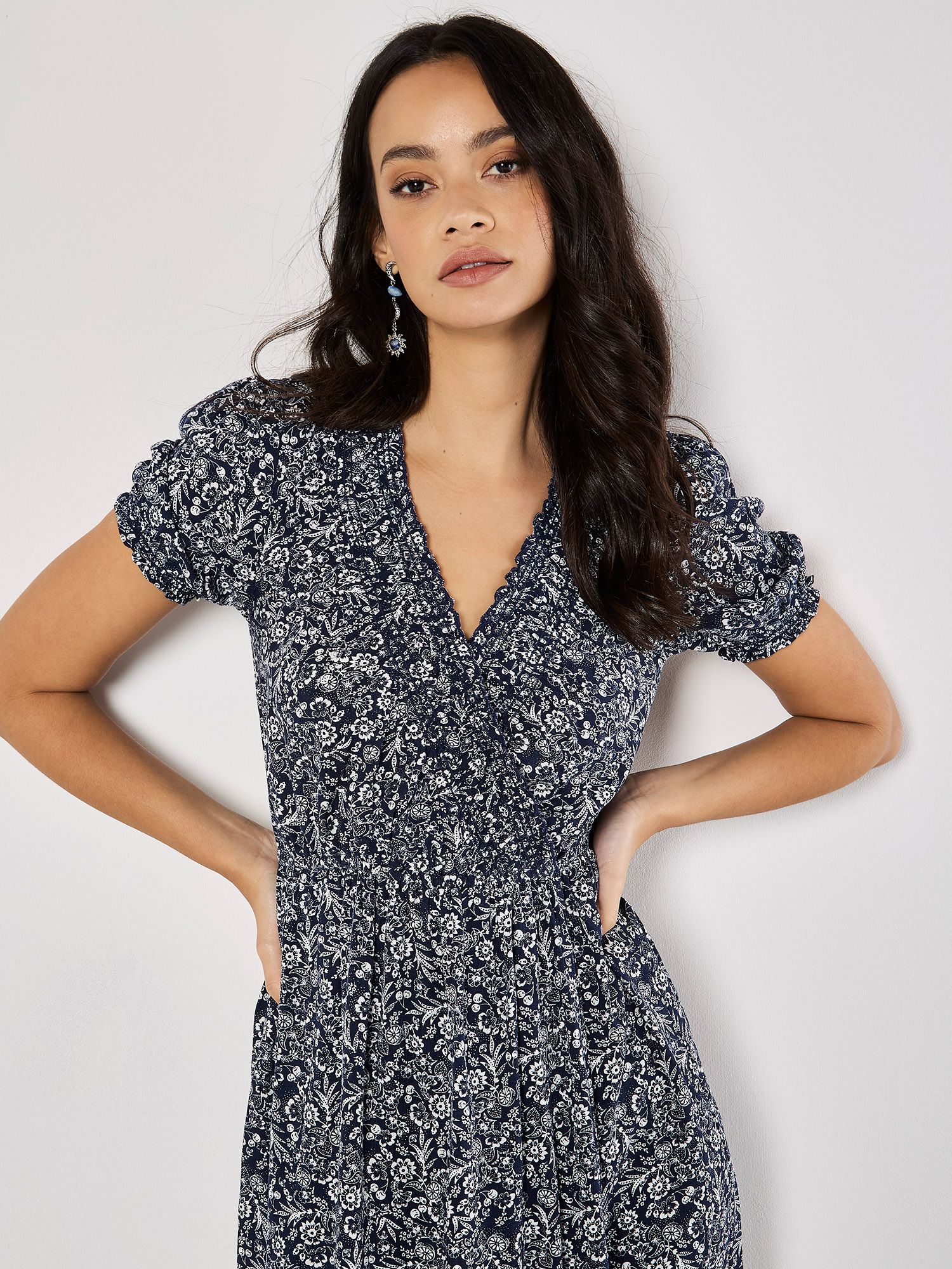 Apricot Floral Fruit Wrap Midi Dress