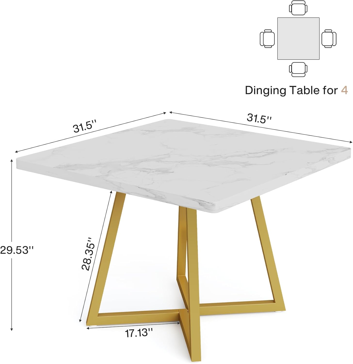 Tribesigns Square Dining Table for 2, 31.5 Modern Dinner Table with Metal Base, Kitchen Table for Dining Room, Small Space, Apartment, White & Gold