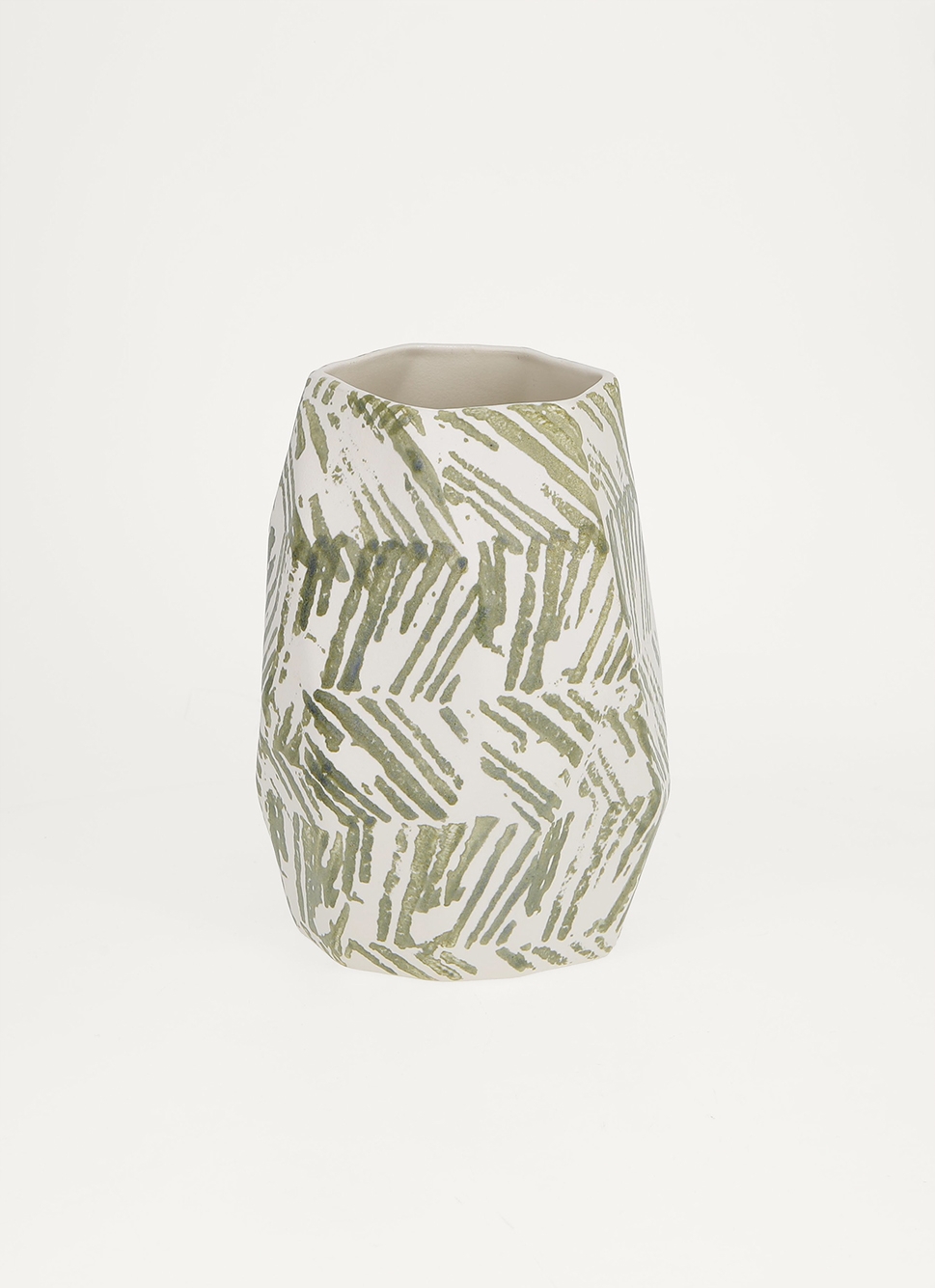 VASE MULTIPLES FACETTES EN FAIENCE BLANC/VERT