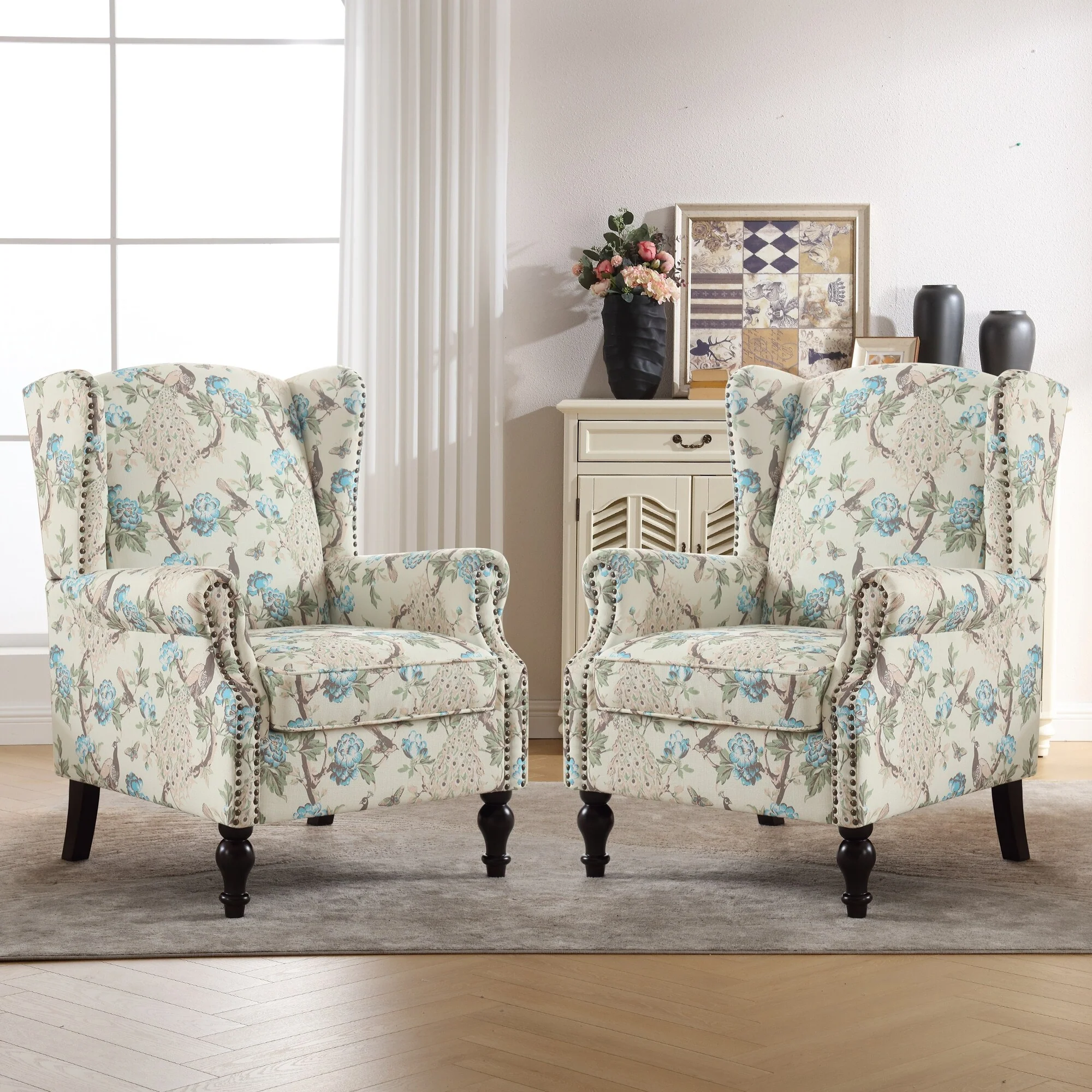 HOMYKA 29'' Wide Floral Pattern Wingback Accent Armchair with Nailhead Trim Set of 2