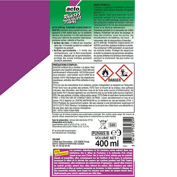 Aérosol spécial punaises diaboliques et vertes Acto 400ml