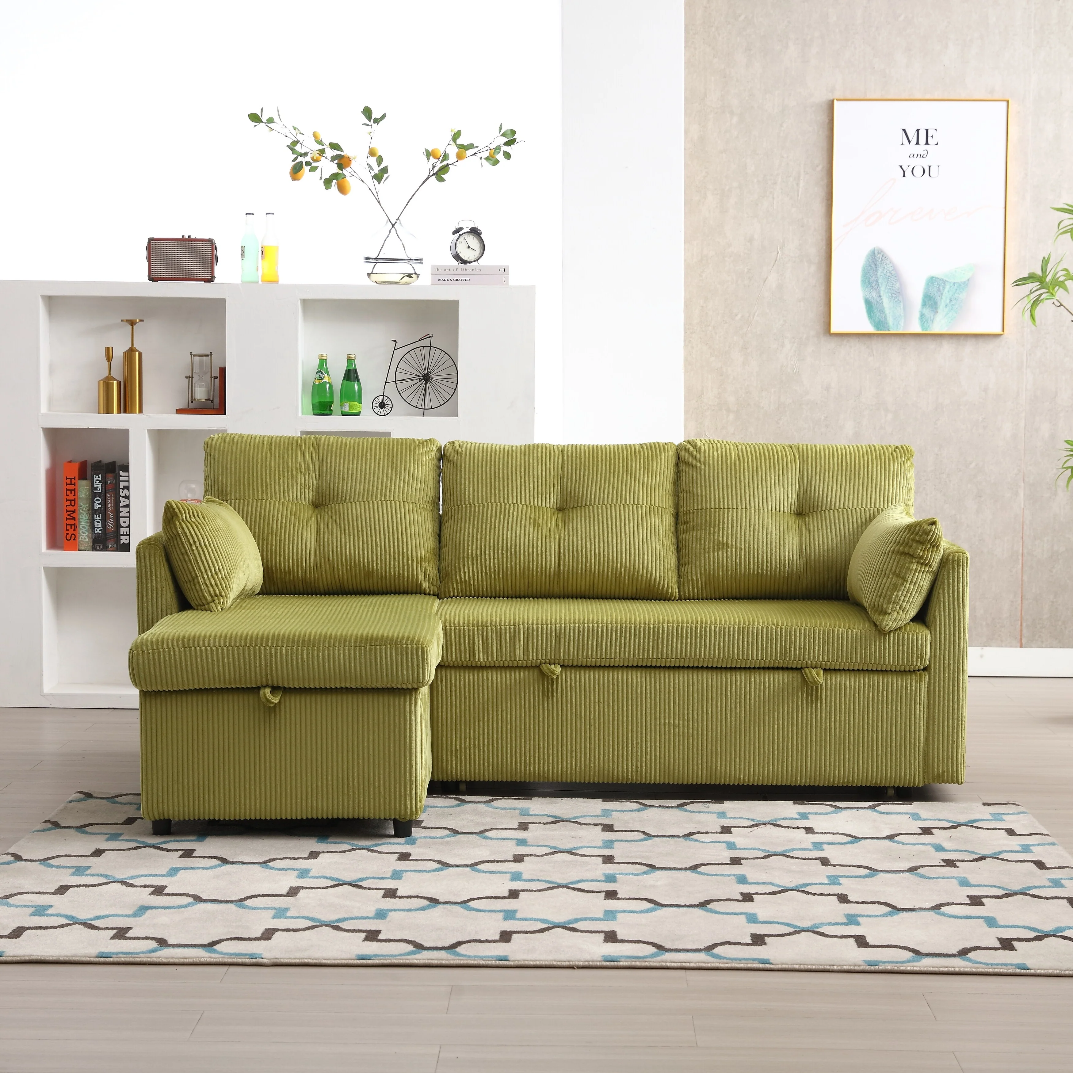 Green 81.1'' Corduroy L-Shaped 3 Seat Sofa Couch, with Reversible Chaise, Storage Seats, Solid Wood Frame