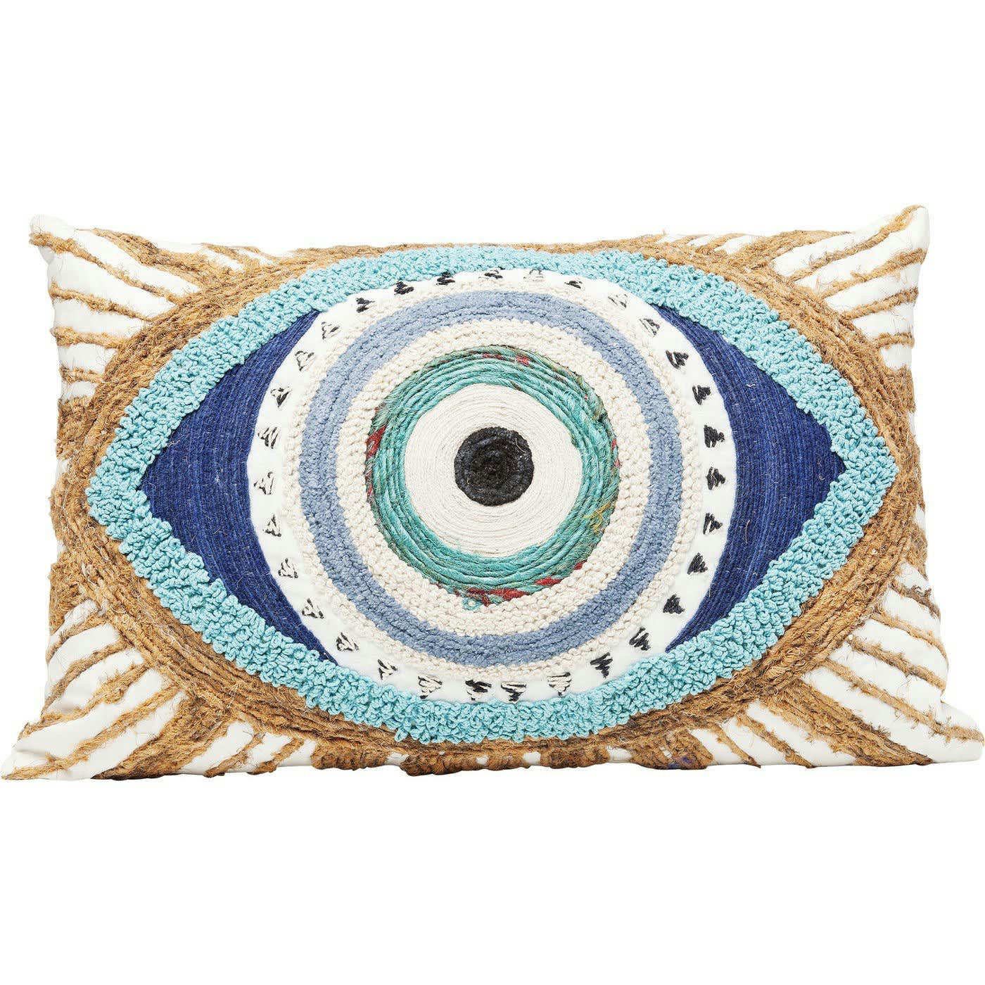 ETHNO EYE - Coussin oeil ethnique blanc, bleu et marron 35x55