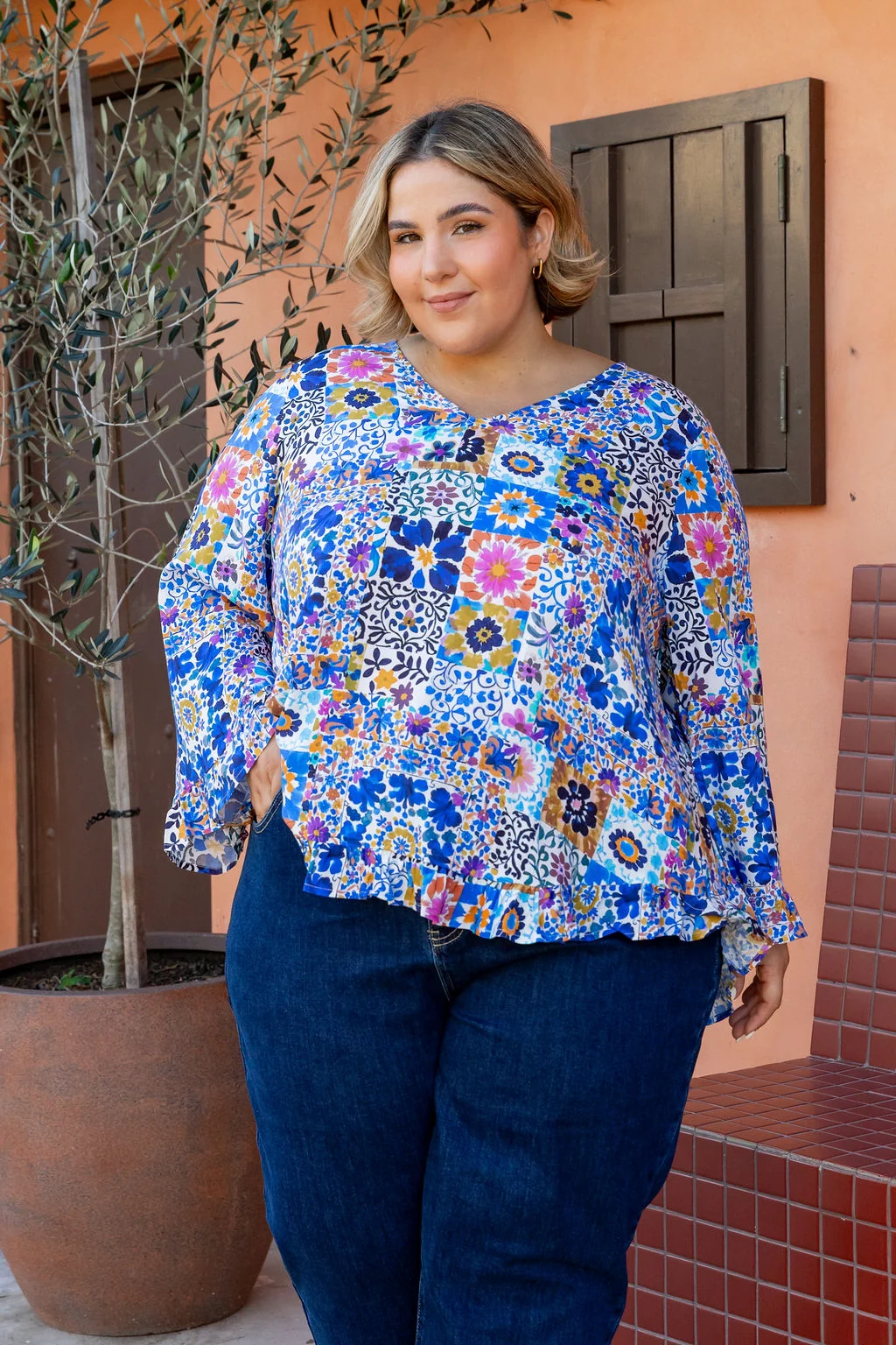 Natalie Long Sleeve Top in Floral Tiles