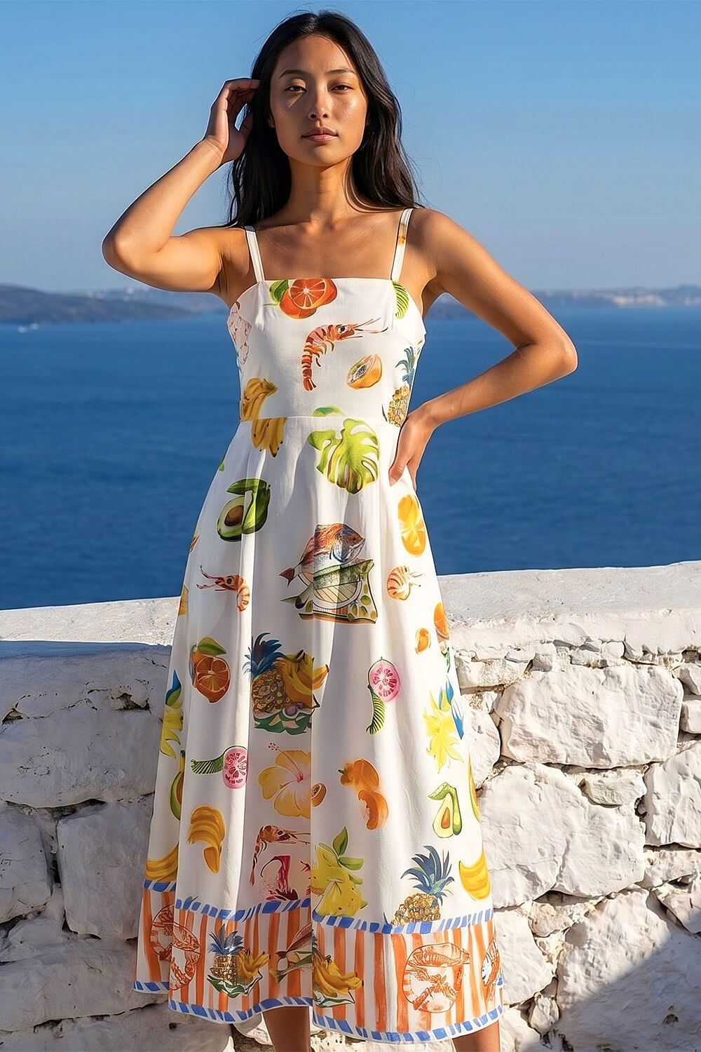 Roman Petite Fruit Print Strappy Midi Dress