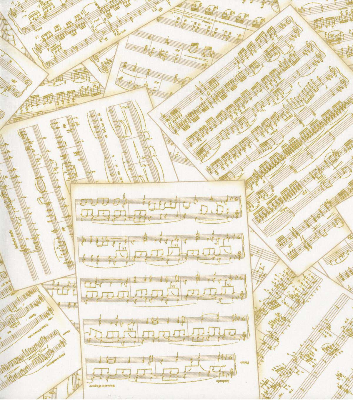Hi Fashion Cream Sheet Music Novelty Metallic Cotton Fabric