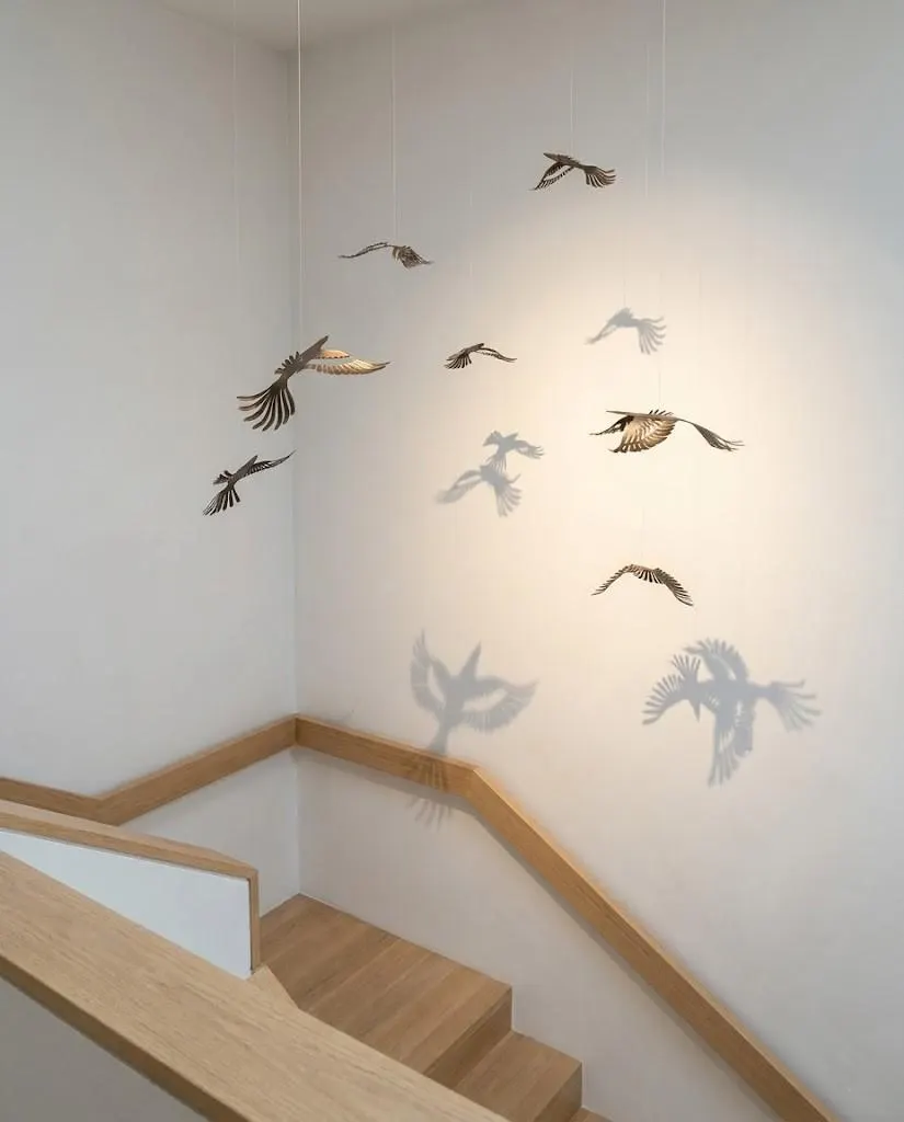 Flock of birds hanging sculpture, metal decorative mobile, kinetic decor, new home gift