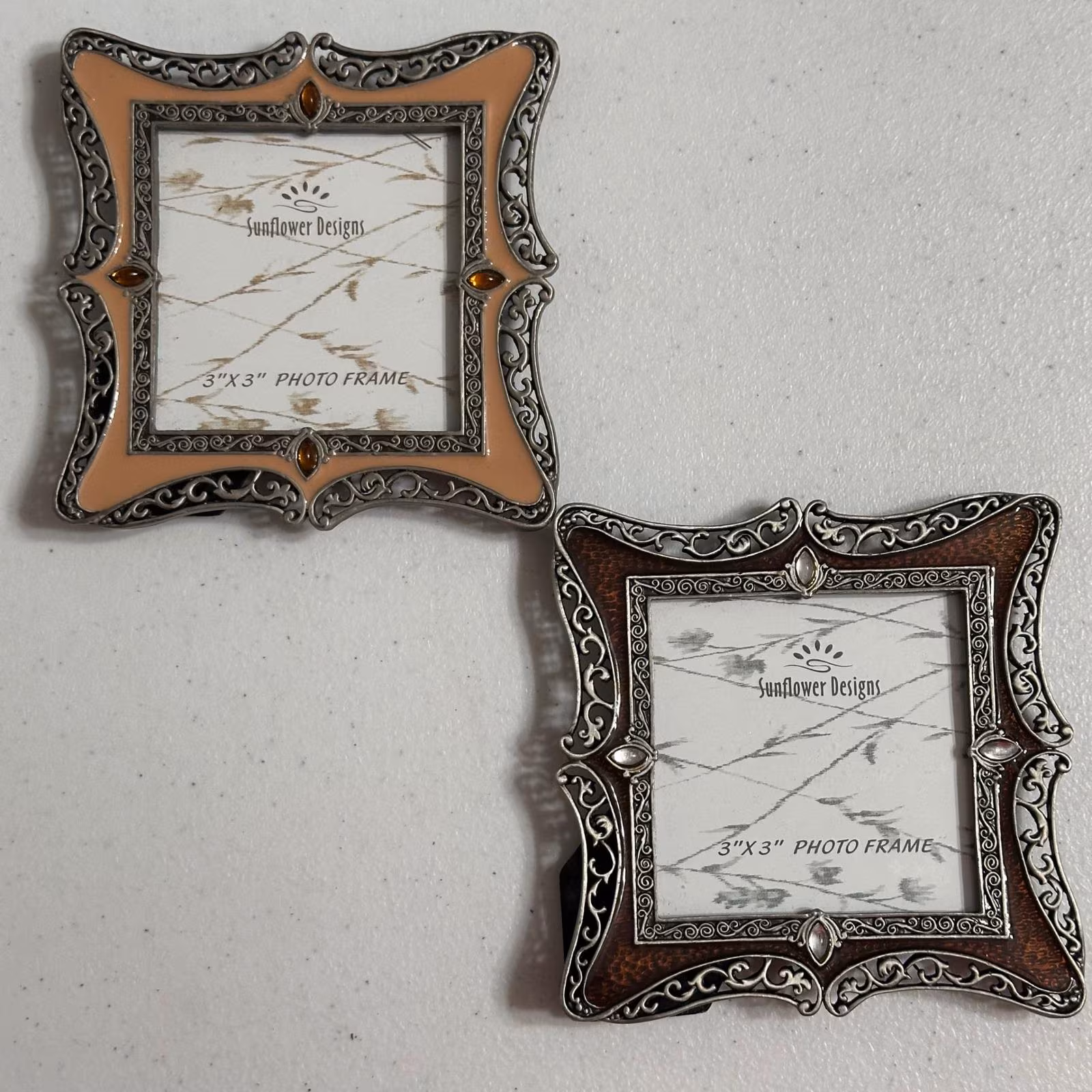 Sunflower Designs Ornate Filigree Enamel 3x3 Photo Frame Set of 2 Brown & Peach