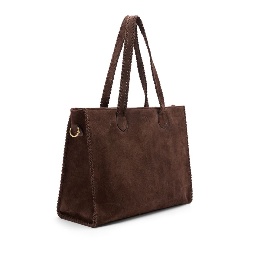 Manfield Donkerbruine suède shopper met gevlochten details