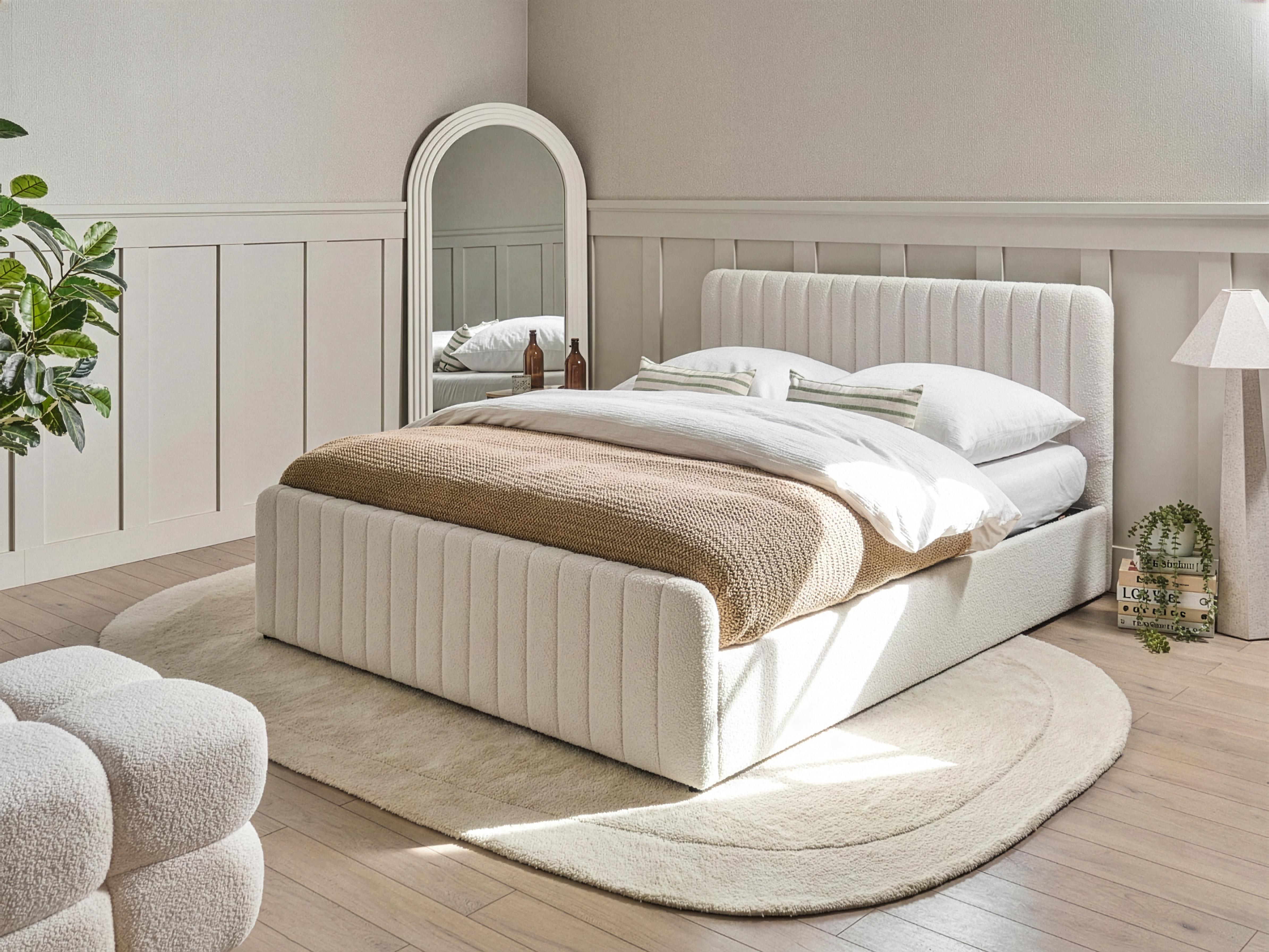 Ottoman Bed Boucle LUNAN 160 x 200 cm (EU King Size) White