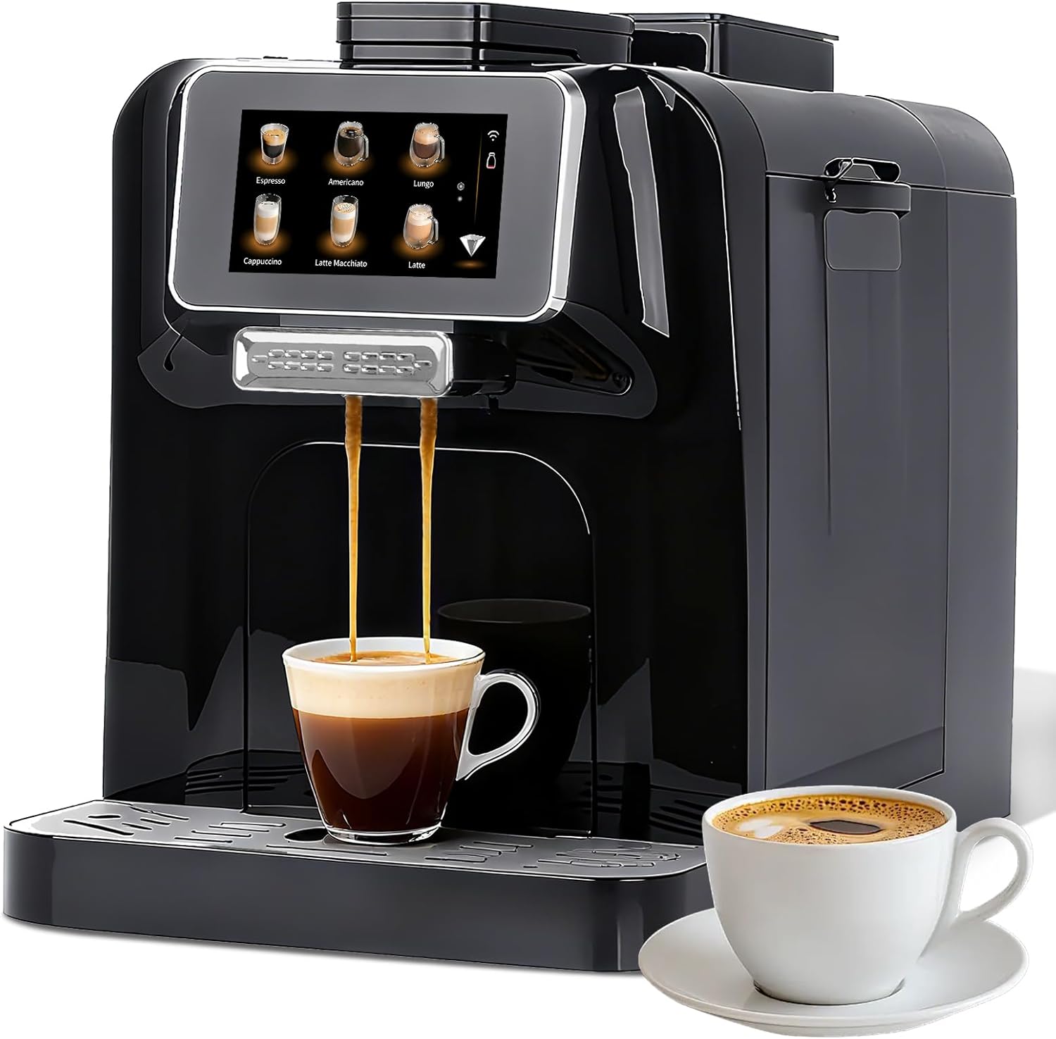 Fully Automatic Espresso Coffee Machine with Milk Cooler 4.3 Touchscreen Dual Heating 11 One Touch Beverages Adjustable Grinder & Milk Frother WiFi Smart Control