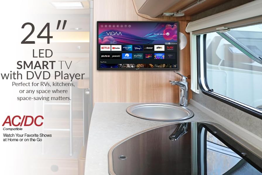 Supersonic SC-2426SDVD 24-inch LED Smart HDTV w/DVD Player  ATSC & NTSC System  3X HDMI  1080p  WiFi  USB  Multi Language OSD  AC/DC Compatible for Home  Kitchen  or RV Camper  DC Car Cord Included