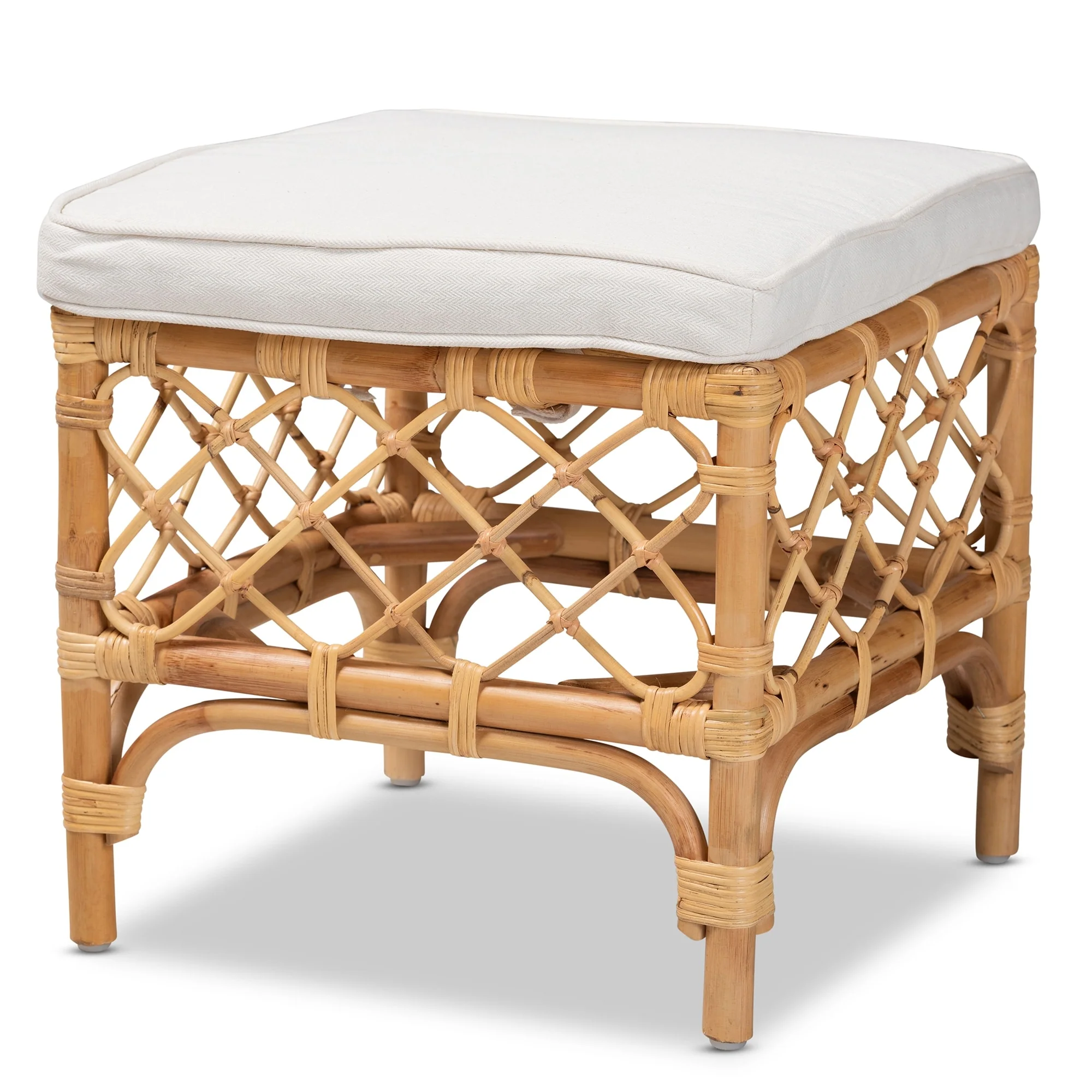 Orchard Modern Bohemian Upholstered Rattan Ottoman-White/Natural Brown