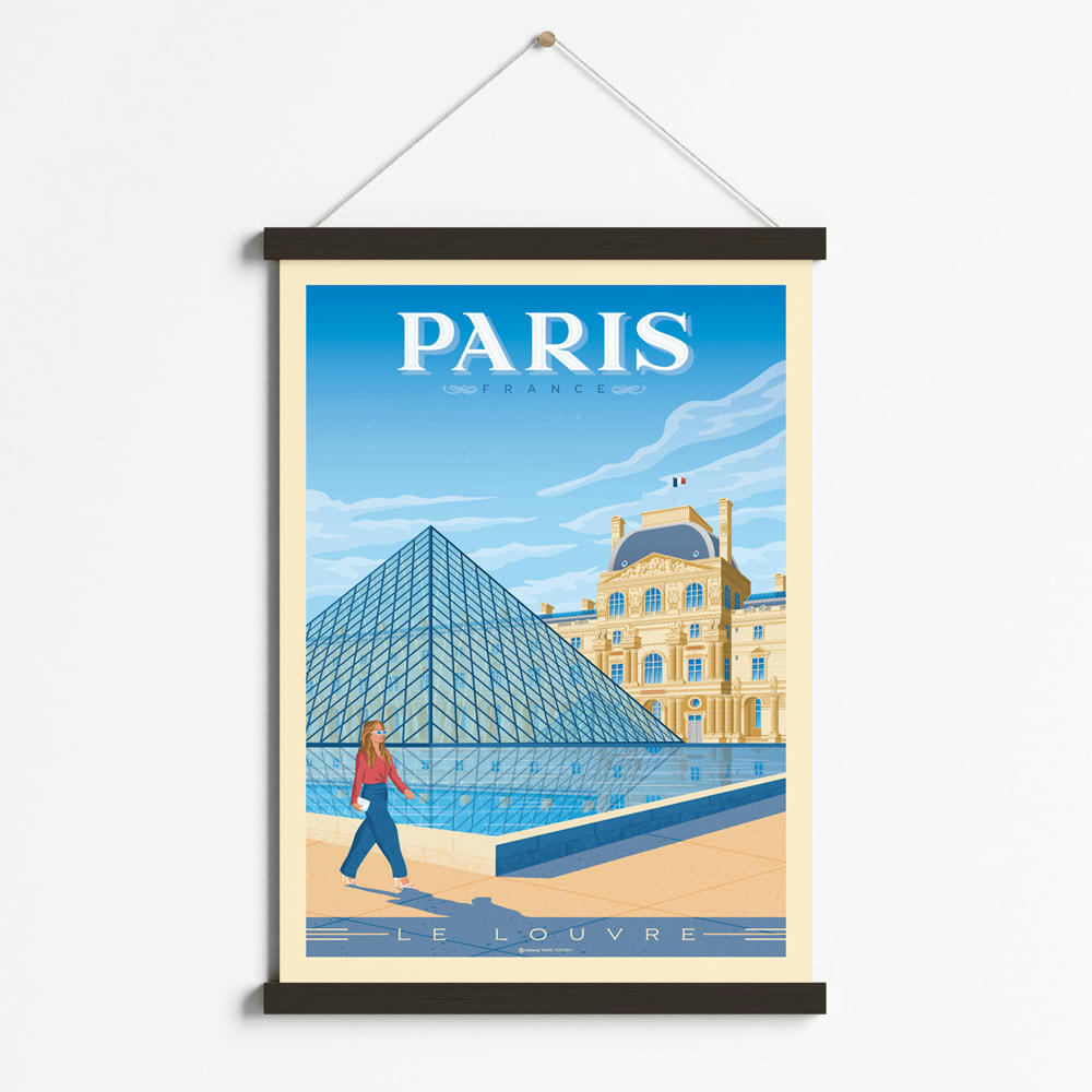 - Affiche Paris France - Louvre + Cadre Magnétique (Bois Noir) 50x70 cm