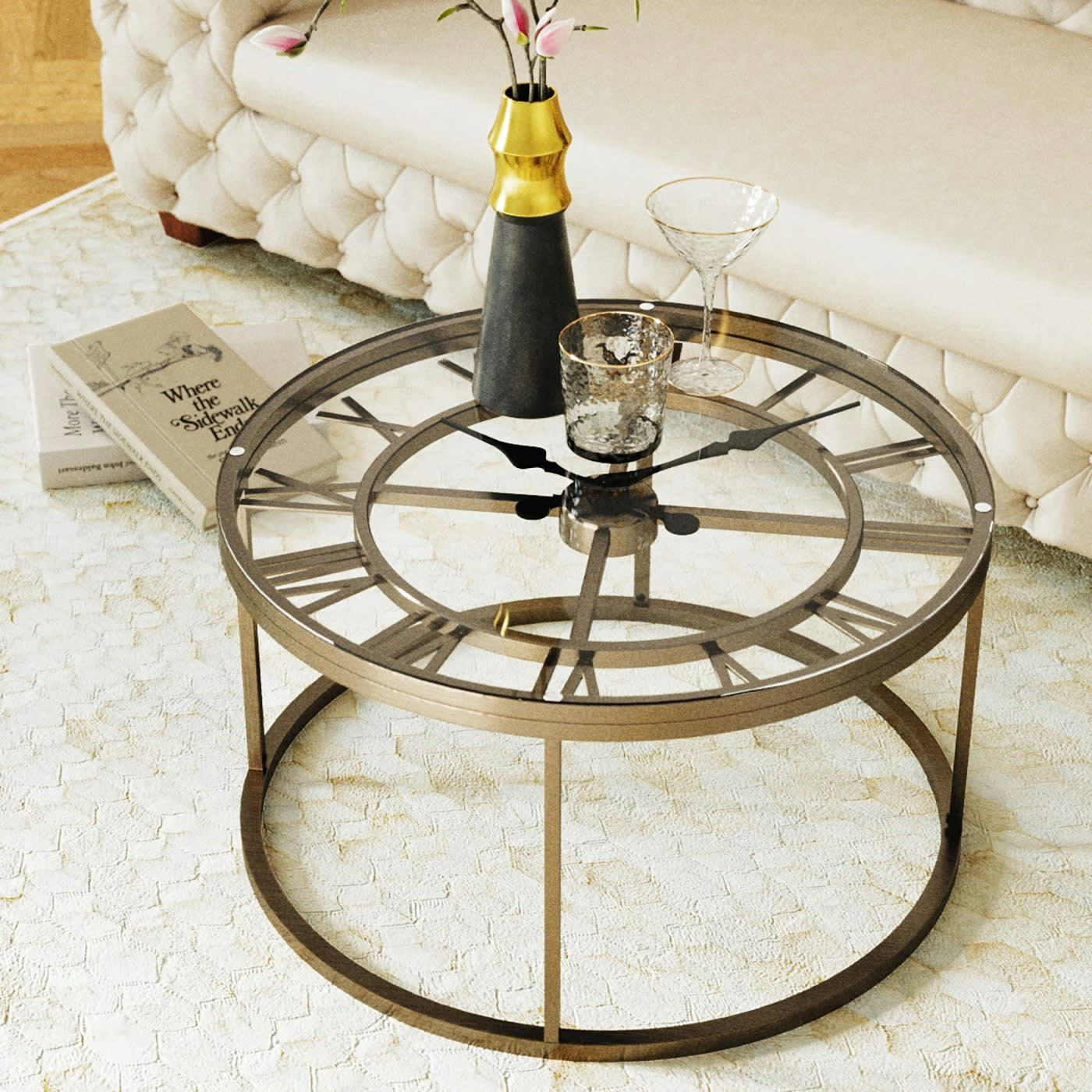 ROMAN - Table basse horloge en verre et acier doré