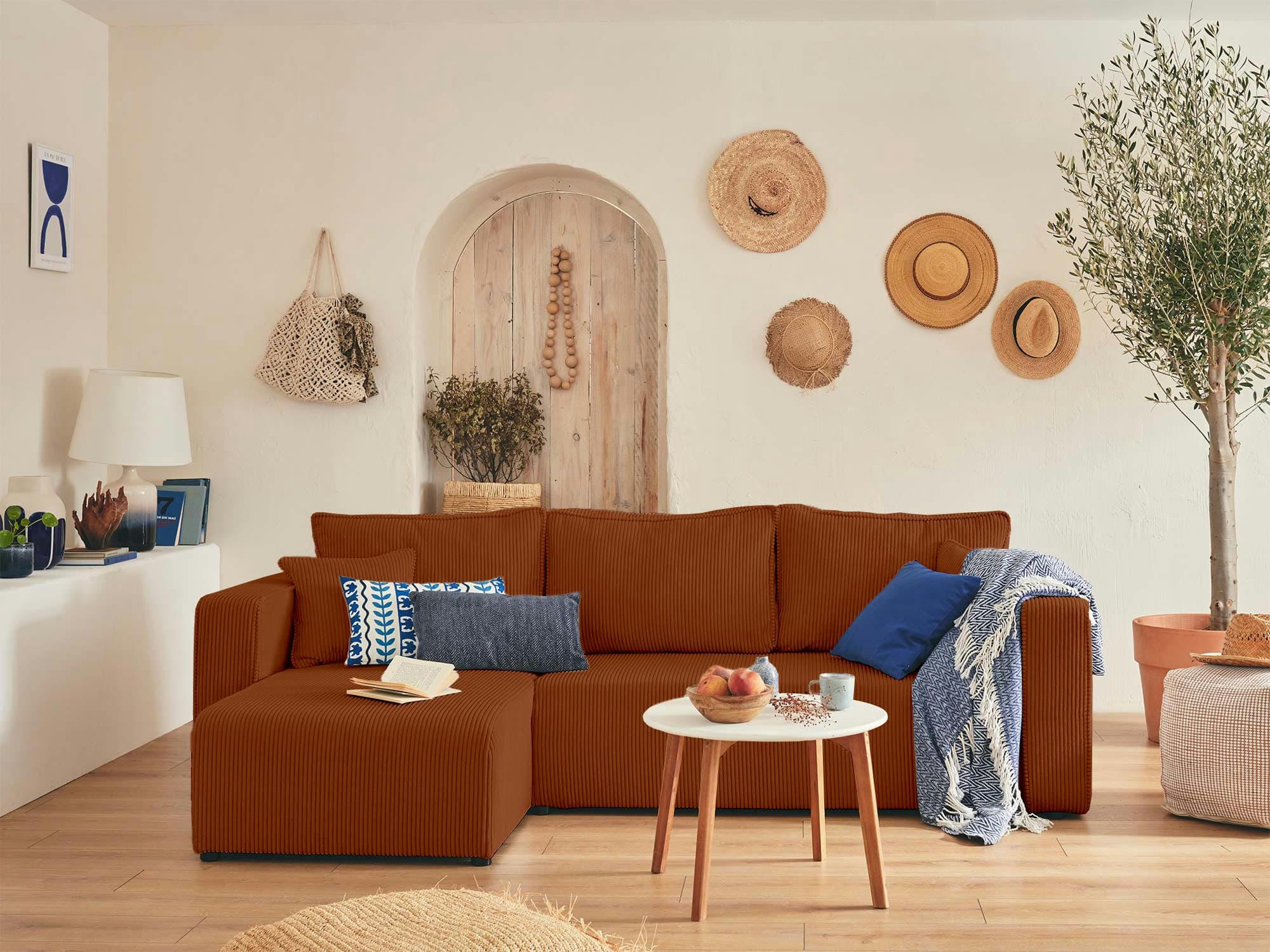 TOPAZE - Canapé d'angle réversible convertible 4 places en velours côtelé