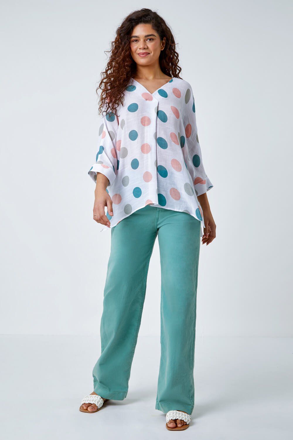 Roman Polka Dot Print Pleat Front Top