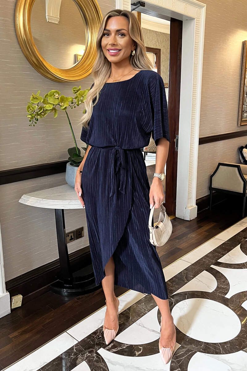 AX Paris Navy Short Sleeve Tie Waist Plisse Midi Dress